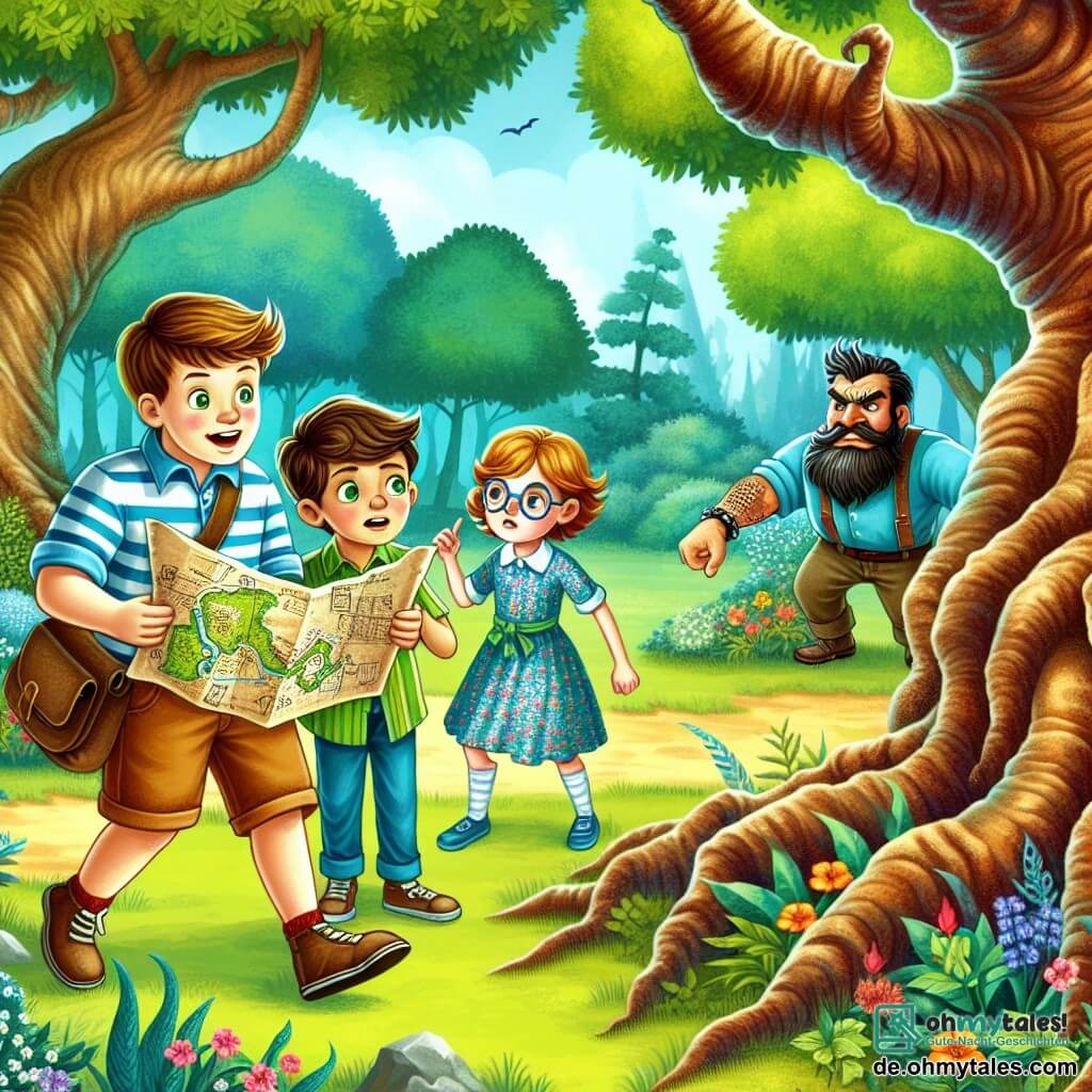 Une illustration sous forme de dessin destinée aux enfants représentant un parc verdoyant avec un grand arbre au tronc noueux, où un garçon de 11 ans aux cheveux bruns et aux yeux verts, vêtu d'un t-shirt rayé et d'un short, tient une carte au trésor avec un air d'excitation, tandis qu'à ses côtés, une fille aux cheveux blonds et aux lunettes, portant une robe à fleurs, observe attentivement la carte, et un garçon musclé aux cheveux courts, vêtu d'un t-shirt bleu, regarde autour d'eux avec un sourire déterminé, alors qu'ils se préparent à découvrir un trésor caché sous l'arbre mystérieux.