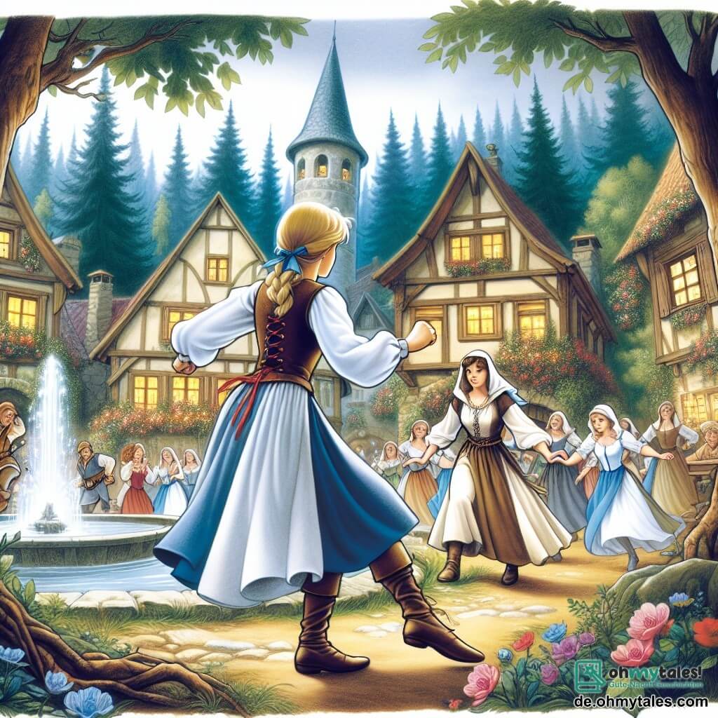 Une illustration destinée aux enfants représentant une jeune femme courageuse et talentueuse, confrontée à une dame jalouse, dans un village entouré de denses forêts où des elfes dansent autour d'un magique brunnen.