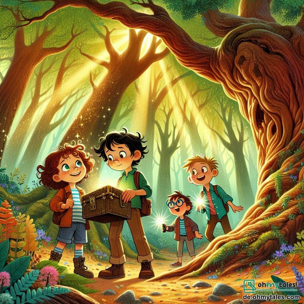 Illustration einer magischen Szene in einem verwunschenen Wald, wo große, knorrige Bäume in den Himmel ragen und ihre leuchtend grünen Blätter das goldene Licht der Sonne filtern. Am Boden verleiht ein Teppich aus bunten Blättern und kleinen Wildblumen der Umgebung Leben. In dieser Szene stehen vier junge Abenteurer vor einer großen, alten Rinde einer majestätischen Eiche. Der erste Junge, sieben Jahre alt, hat lockige Haare und Augen, die vor Neugier sprühen. Er hält eine alte Karte in den Händen und betrachtet sie mit einem aufgeregten Lächeln. Neben ihm schaut ein anderer siebenjähriger Junge mit Sommersprossen und leicht schiefen Brillen interessiert auf die Karte, mit einem schelmischen Ausdruck im Gesicht. Das dritte Kind ist ein siebenjähriges Mädchen mit langen braunen Haaren, die zu einem Pferdeschwanz gebunden sind, und hält eine Taschenlampe, bereit, die geheimnisvolle Höhle zu erkunden. Schließlich ist der vierte Junge, etwas ruhiger, mit braunen Haaren und einem konzentrierten Gesichtsausdruck, der aufmerksam die Umgebung beobachtet, als suche er nach Hinweisen. Die Hauptsituation zeigt die Kinder, die eine alte Holzkiste, versteckt unter Blättern, entdecken, gefüllt mit funkelnden Schätzen, während ein Strahl magischen Lichts ihre Entdeckung beleuchtet. Bunte Vögel fliegen um sie herum und verleihen diesem Abenteuer eine lebendige Note.