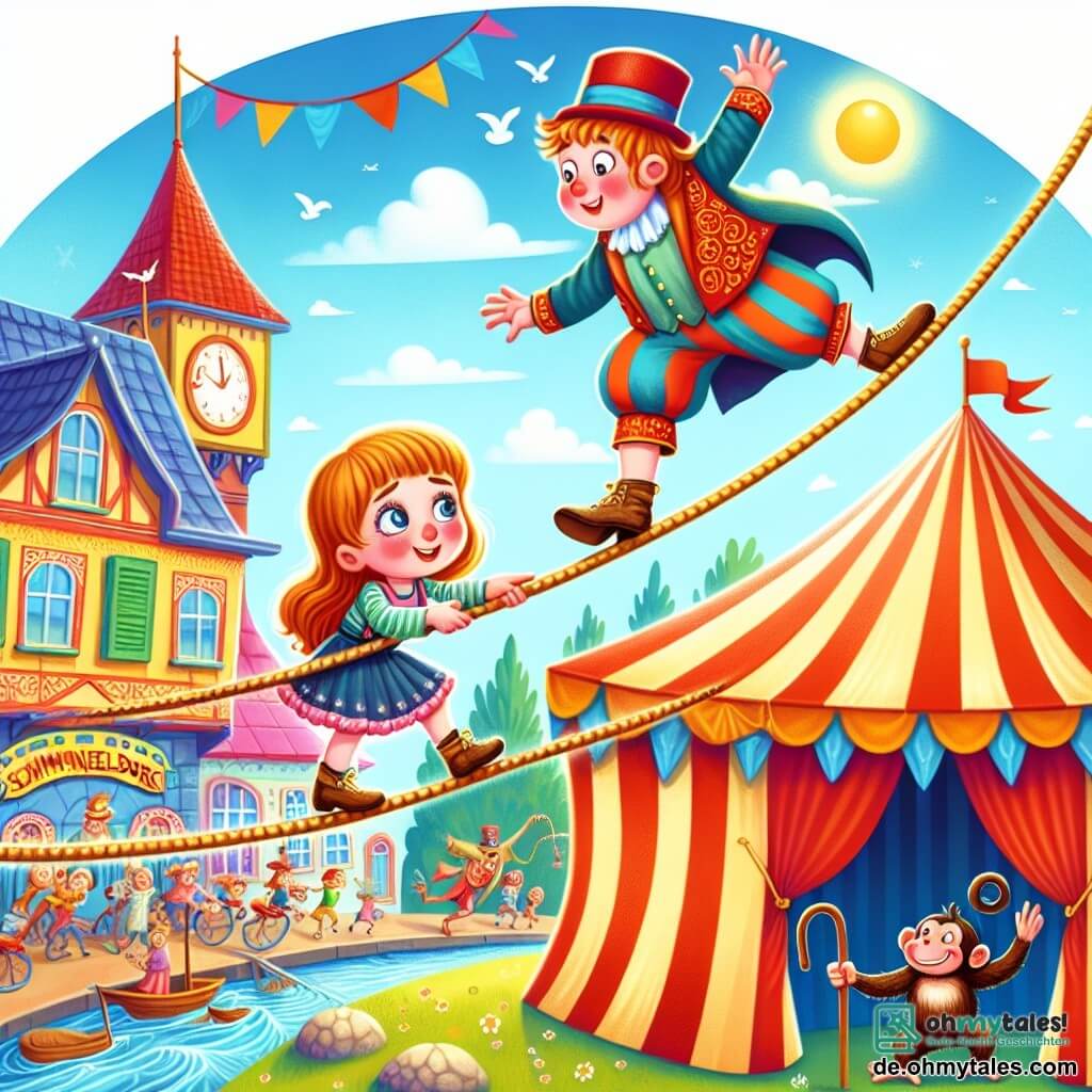 Une illustration destinée aux enfants représentant une fillette courageuse assistant un funambule wacklig sur un fil haut perché au-dessus d'un chapiteau de cirque coloré, avec un singe espiègle s'échappant en arrière-plan, dans la petite ville ensoleillée de Schmunzeldorf.