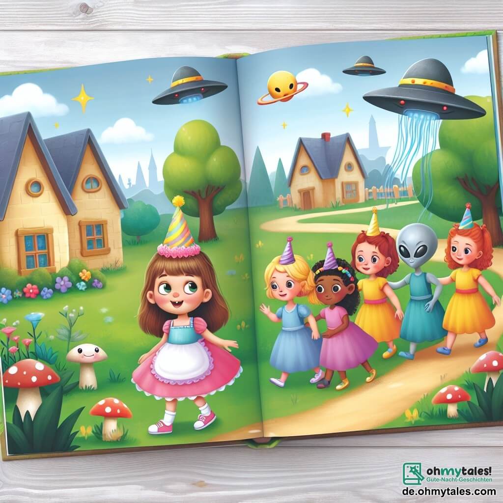 Une illustration destinée aux enfants représentant une fillette curieuse et aventureuse découvrant des extraterrestres sur un magnifique village de style féerique, accompagnée de ses amis, lors de sa fête d'anniversaire.