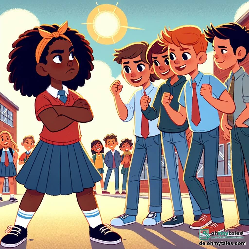 Une illustration sous forme de dessin destinée aux enfants représentant une cour d'école ensoleillée, où une fille de 11 ans aux cheveux crépus et à la peau foncée se tient courageusement devant un groupe d'enfants, les bras croisés, exprimant sa détermination à défendre une camarade aux cheveux blonds et à la peau claire qui est moquée par des garçons plus âgés, tandis que ses amis, une fille aux cheveux bruns et un garçon aux cheveux roux, l'encouragent avec des sourires solidaires, le tout dans une ambiance colorée et dynamique qui évoque l'importance de l'amitié et du respect des différences.
