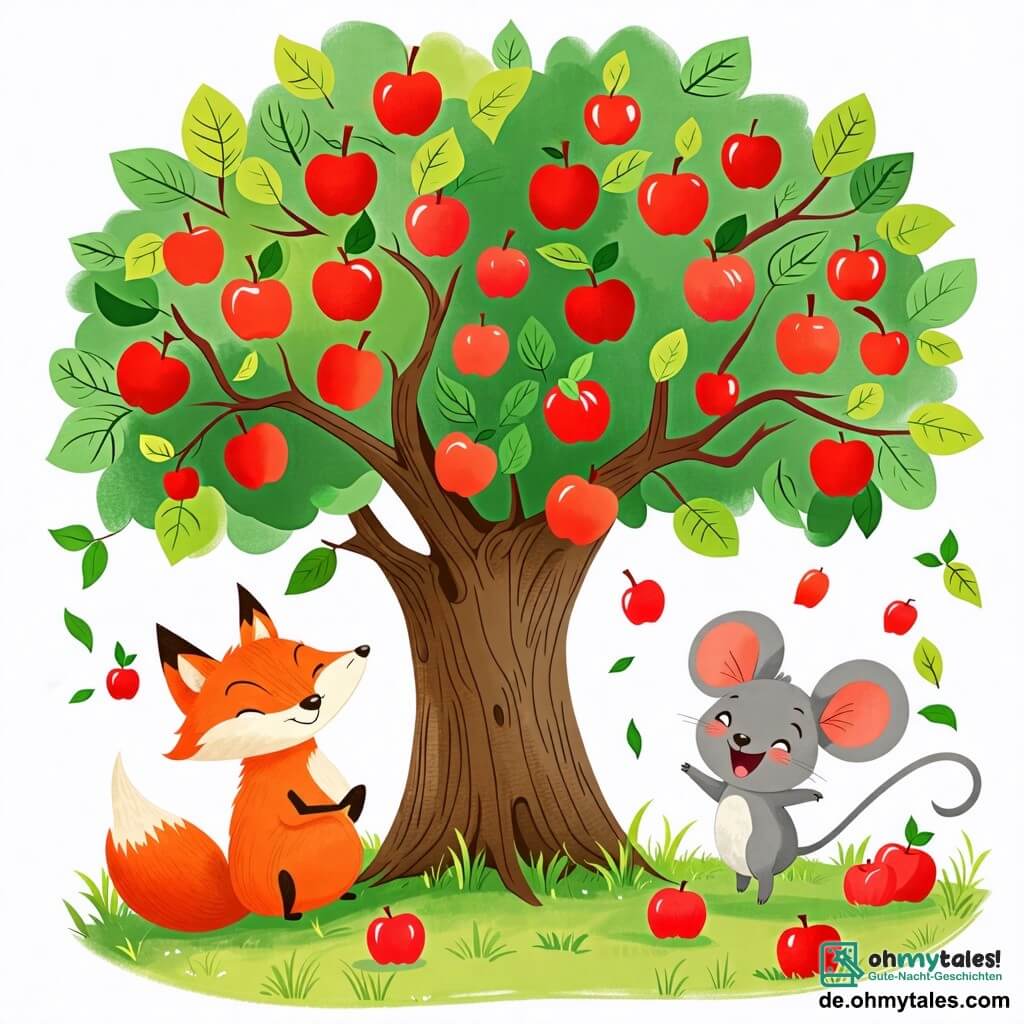 Une illustration sous forme de dessin destinée aux enfants représentant un grand arbre aux pommes rouges dans une clairière verdoyante, avec un renard au pelage orange vif, aux yeux malicieux, qui secoue joyeusement les branches de l'arbre, tandis qu'une petite souris grise aux grandes oreilles et au sourire éclatant saute de joie en attendant de ramasser les pommes tombées, évoquant une scène de camaraderie et de partage dans la nature.
