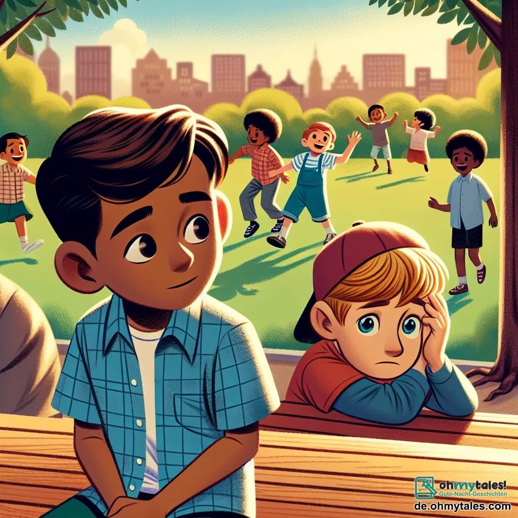 Une illustration sous forme de dessin destinée aux enfants représentant un jeune garçon de 11 ans avec des cheveux bruns et des yeux curieux, assis sur un banc dans un parc ensoleillé, regardant avec empathie un autre garçon, plus âgé, aux cheveux blonds et à l'air triste, qui se tient seul à une table à proximité, tandis qu'un groupe d'enfants joue joyeusement au fond, illustrant le thème du harcèlement et l'importance de l'amitié et du soutien.