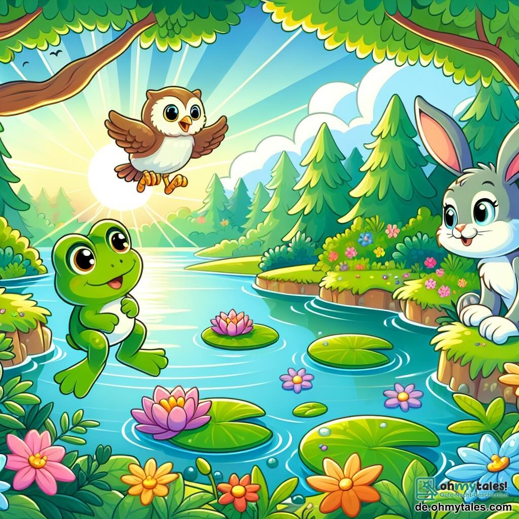Une illustration sous forme de dessin destinée aux enfants représentant un magnifique lac scintillant au cœur d'une forêt verdoyante, avec une petite grenouille verte aux grands yeux curieux sautant joyeusement d'une nénuphar à l'autre, tandis qu'un rusé lapin aux oreilles longues et un sage hibou aux plumes douces les observent, tous trois unis dans leur quête pour découvrir le mystère du lac qui murmure, entourés de fleurs colorées et de rayons de soleil filtrant à travers les arbres.