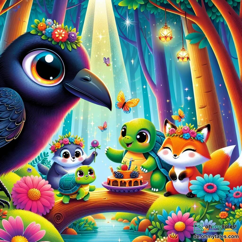 Une illustration sous forme de dessin destinée aux enfants représentant une clairière enchantée dans une forêt colorée, où un corbeau aux plumes brillantes et aux yeux pétillants, perché sur une branche, regarde avec curiosité un groupe d'animaux joyeux, dont un renard rusé avec un pelage roux et une tortue souriante portant une petite couronne de fleurs, tous ensemble en train de préparer une grande fête avec des fleurs éclatantes et des gâteaux aux fruits, tandis qu'un éclat de lumière magique illumine la scène, symbolisant l'amitié et l'aventure.