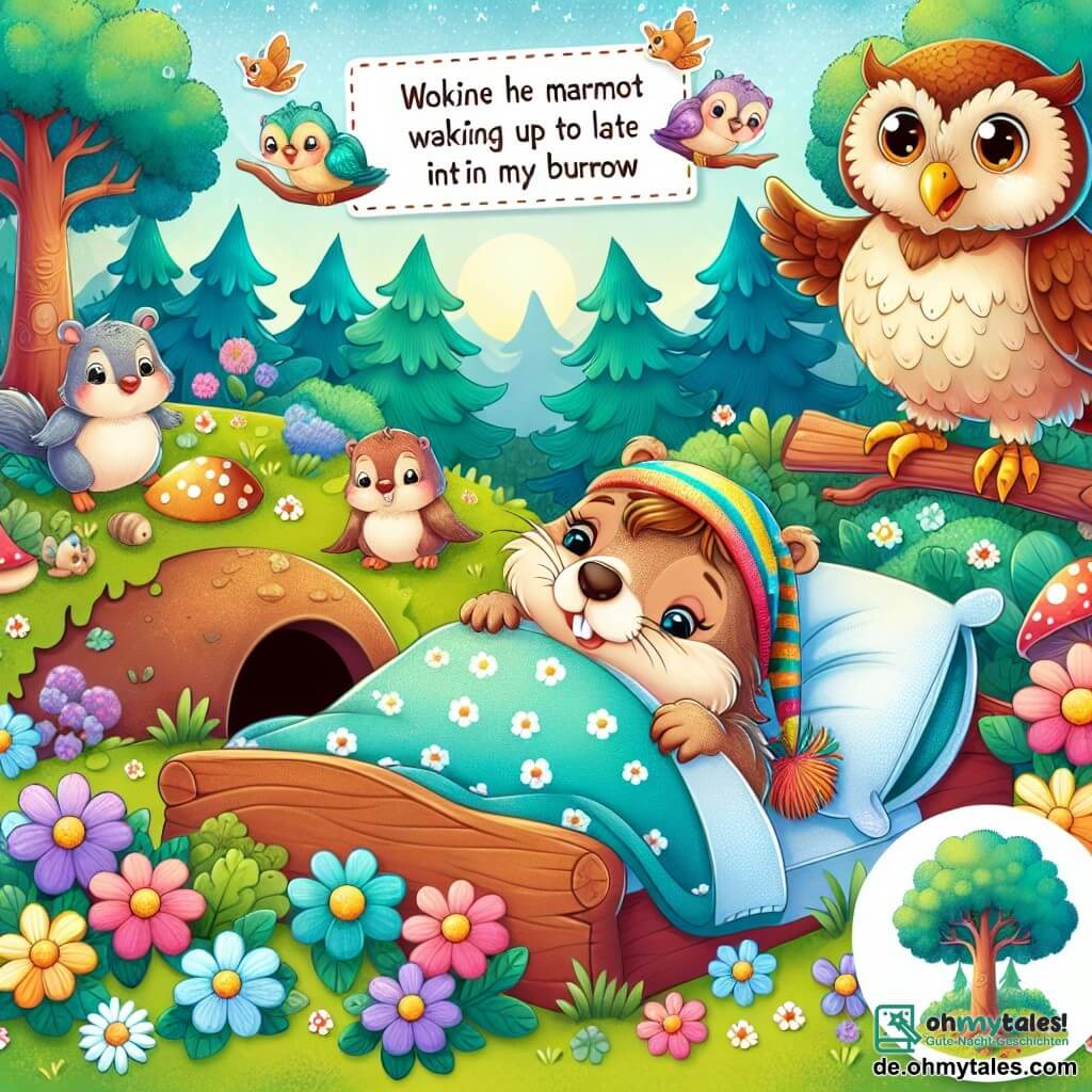 Une illustration destinée aux enfants représentant une mignonne marmotte fillette se réveillant en retard dans sa tanière, accompagnée d'une sage vieille chouette mâle, entourées d'un luxuriant et coloré boisé enchanté où les animaux vivent en harmonie.