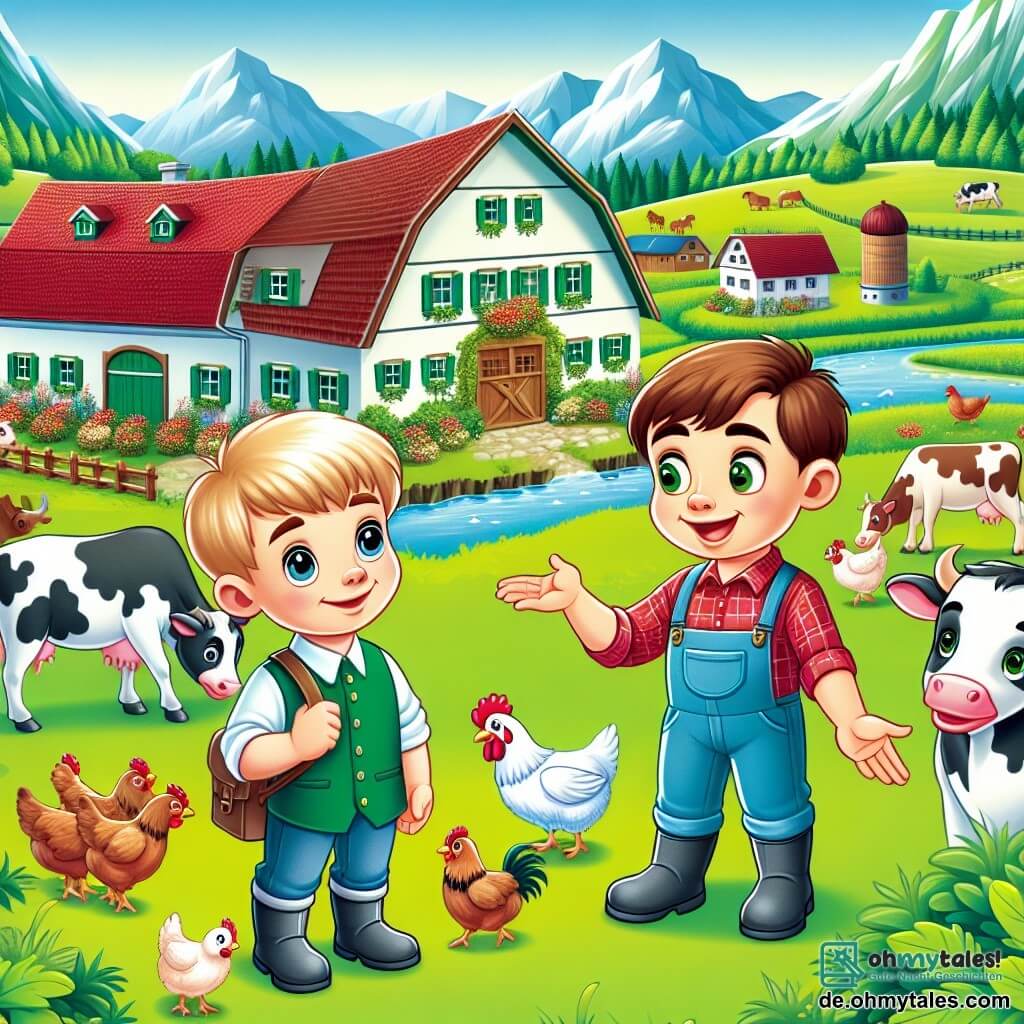 Une illustration destinée aux enfants représentant un garçon curieux explorant un magnifique et animé ferme avec l'aide d'un gentil fermier, entourés de vaches, poules, et champs verdoyants, dans un petit village pittoresque nommé Grüntal.