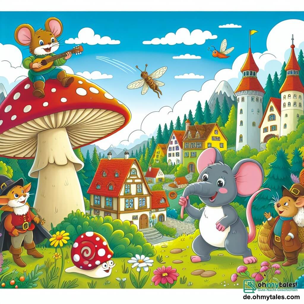 Une illustration destinée aux enfants représentant une souris aventurière, un pilz magique géant, une joyeuse schnecke parlante et d'autres animaux talentueux, dans le village pittoresque de Mäusehausen.