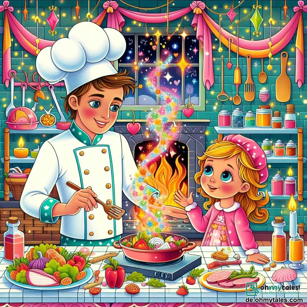 Une illustration destinée aux enfants représentant un jeune chef cuisinier passionné (garçon) préparant un repas magique pour une petite fille difficile (fille) dans un restaurant enchanteur rempli de couleurs vives, d'ustensiles étincelants et d'odeurs appétissantes.