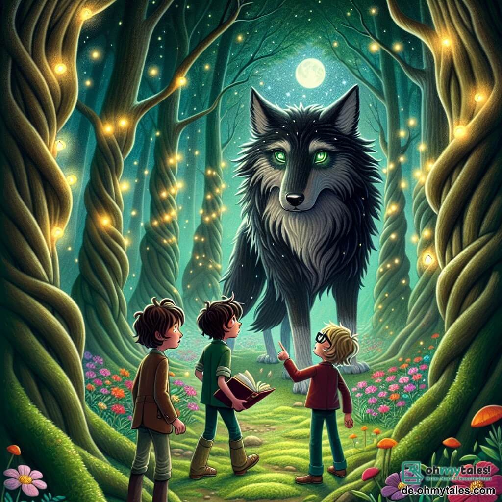 Eine Illustration zeigt eine Szene in einem verwunschenen Wald, wo große, dicke und knorrige Bäume in einen sternenklaren Himmel ragen. Glühwürmchen funkeln darum und beleuchten die bunten Blumen, die auf dem moosbedeckten Boden wachsen. Im Mittelpunkt des Bildes steht ein großer Wolf mit schwarzem und silbernem Fell und leuchtend grünen Augen, der stolz wirkt, aber auch ein wenig traurig, als ob er eine schwere Last trägt. An seiner Seite stehen vier Jungen, etwa zwölf Jahre alt, mit entschlossenen und mutigen Gesichtsausdrücken. Einer von ihnen, mit braunen Haaren und Brille, hält ein aufgeschlagenes altes Buch, während ein anderer, mit blonden Locken, auf den Wolf zeigt, als wolle er ihn ermutigen. Die Hauptsituation zeigt die Jungen, die mutig auf den Wolf zugehen, um ihm ihre Hilfe anzubieten, während der Wolf zögerlich, aber neugierig auf ihre Anwesenheit wirkt. Im Hintergrund deuten geheimnisvolle Schatten und verschwommene Formen auf die Magie des Ortes hin und schaffen eine Atmosphäre, die sowohl magisch als auch voller Spannung ist.