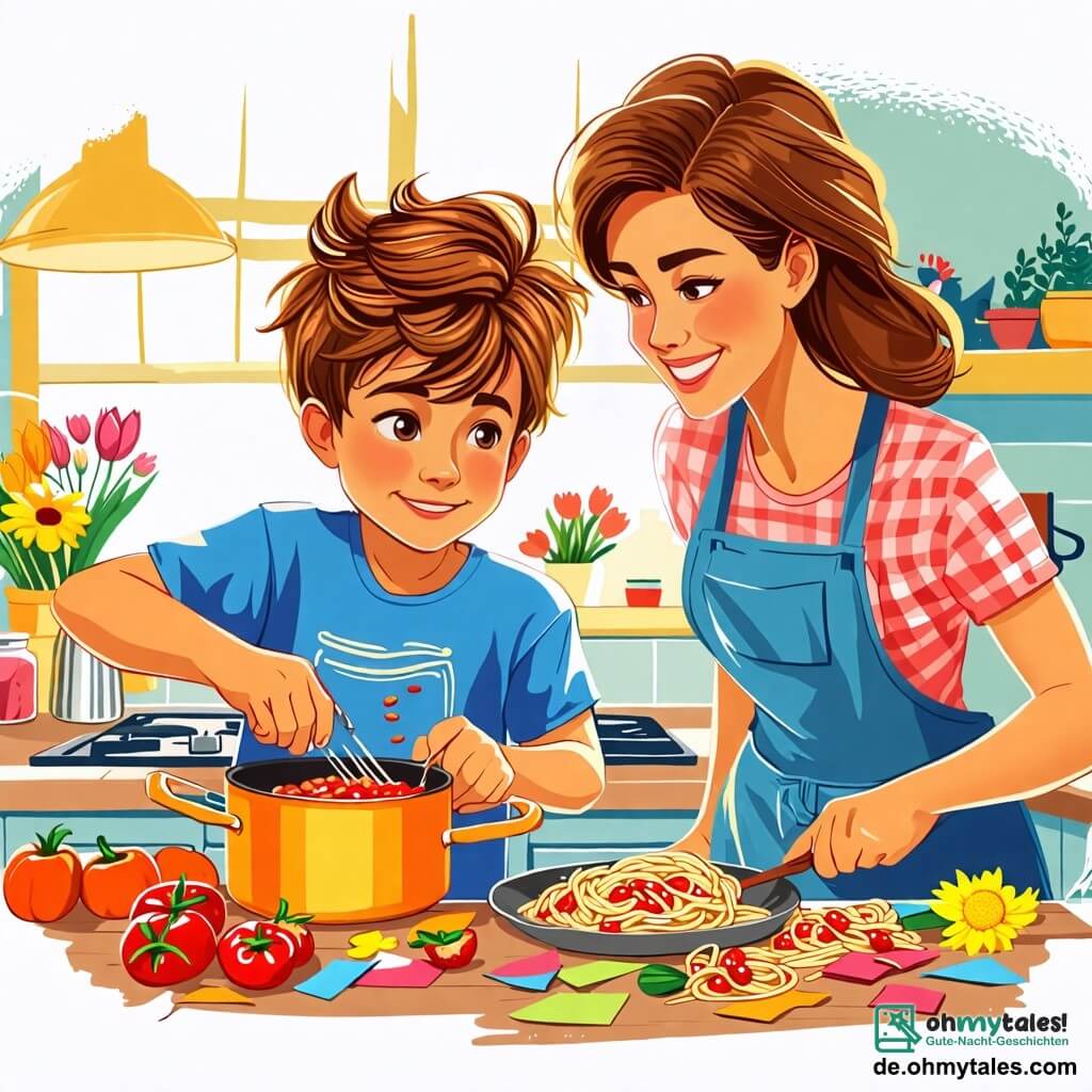 Une illustration sous forme de dessin destinée aux enfants représentant une cuisine ensoleillée avec des murs colorés, où un garçon de 8 ans aux cheveux bruns en bataille, portant un t-shirt bleu et un sourire éclatant, s'active à préparer un cadeau fait main pour sa maman, tandis qu'une femme souriante, sa mère, aux cheveux châtains et portant un tablier, l'observe avec tendresse tout en remuant une grande casserole de spaghetti, le tout entouré de fleurs colorées et de papiers de bricolage éparpillés sur la table, symbolisant l'amour et la créativité de la fête des mères.