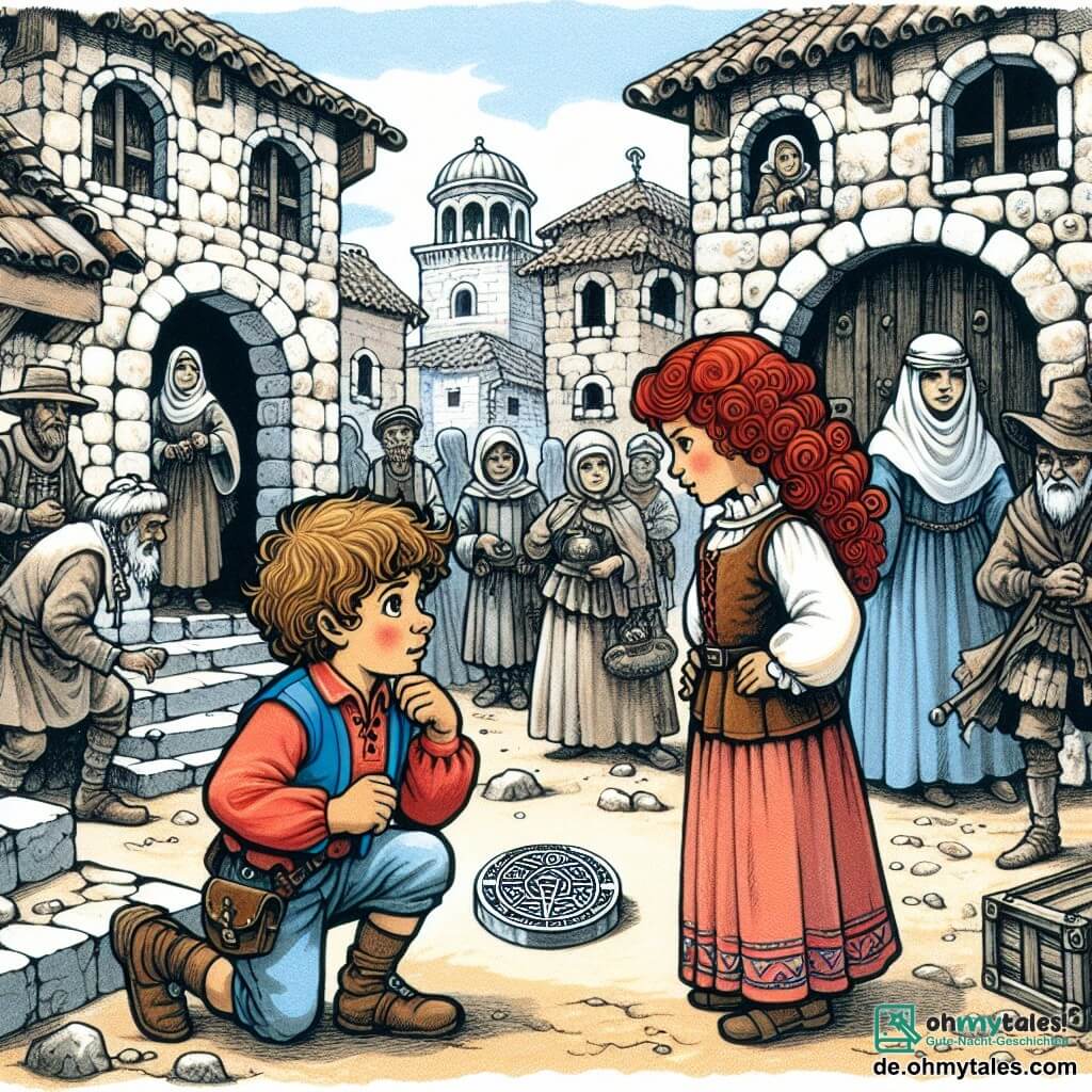 Une illustration destinée aux enfants représentant un garçon curieux et aventureux, faisant face à une énigme temporelle avec l'aide d'une fille malicieuse aux boucles rousses, dans un village médiéval aux maisons de pierre et aux habitants vêtus de costumes anciens.