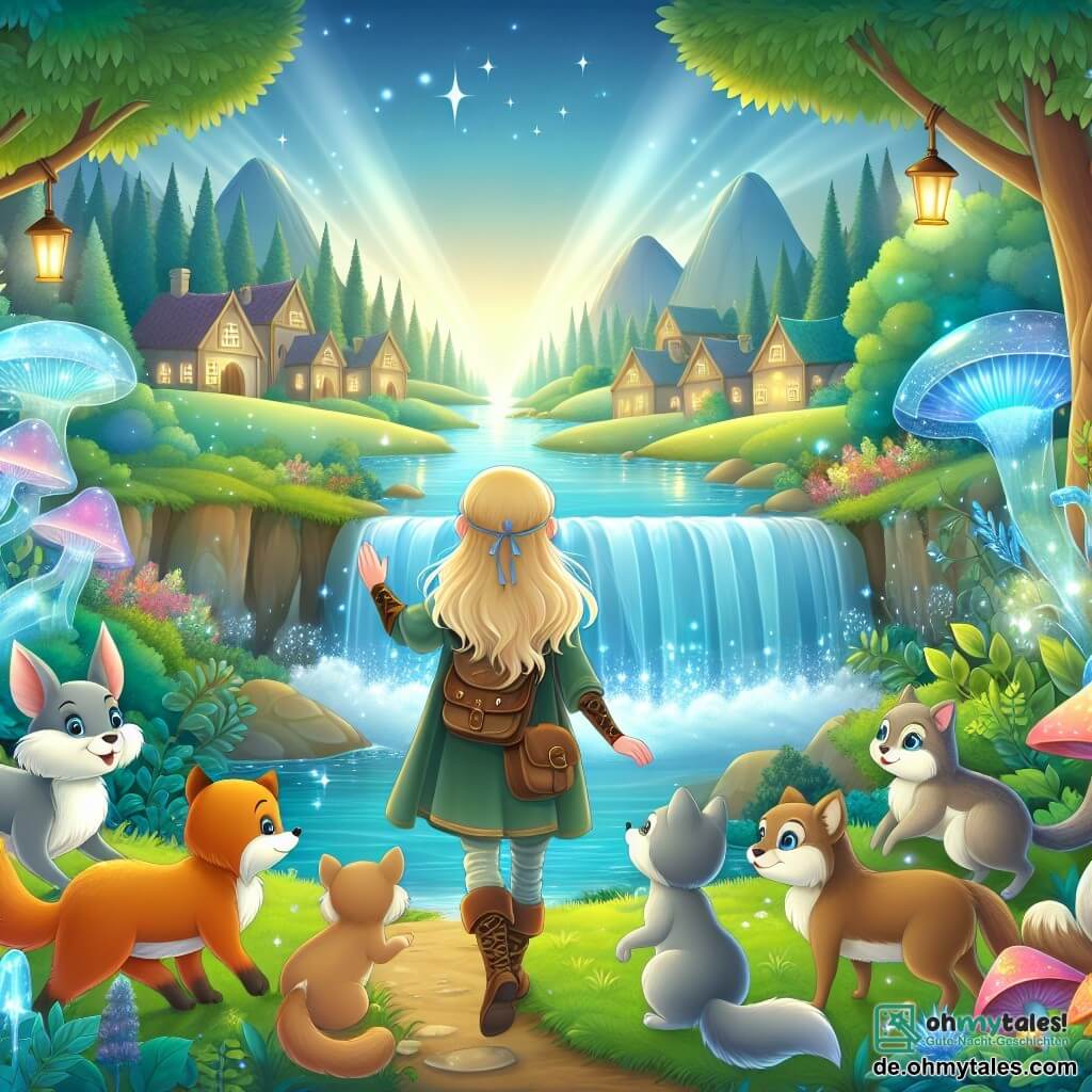 Une illustration destinée aux enfants représentant une jeune femme courageuse, accompagnée de ses amis animaux parlants, explorant un mystérieux monde enchanté rempli de cascades scintillantes, de plantes lumineuses et de créatures magiques, dans le paisible village au bord du magique Wald.