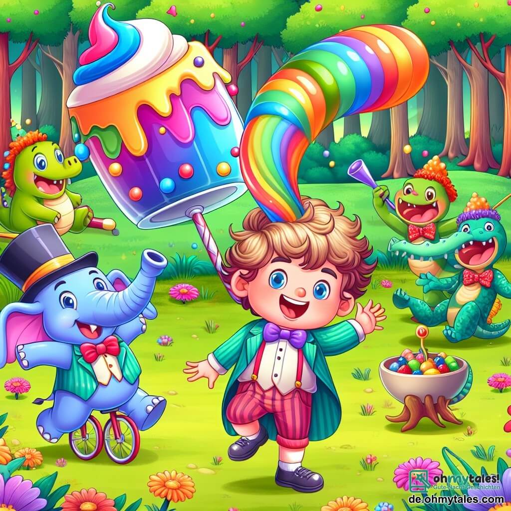 Une illustration sous forme de dessin destinée aux enfants représentant une clairière enchantée dans une forêt colorée, où un garçon de 7 ans aux cheveux ébouriffés et au sourire éclatant danse joyeusement aux côtés d'un flou de pudding multicolore aux ailes en crème, tandis qu'un petit éléphant sur un monocycle joue de la trompette et un crocodile en haut-de-forme jongle avec des fruits, le tout dans une atmosphère ludique et absurde, remplie de fleurs qui chantent et d'arbres souriants.