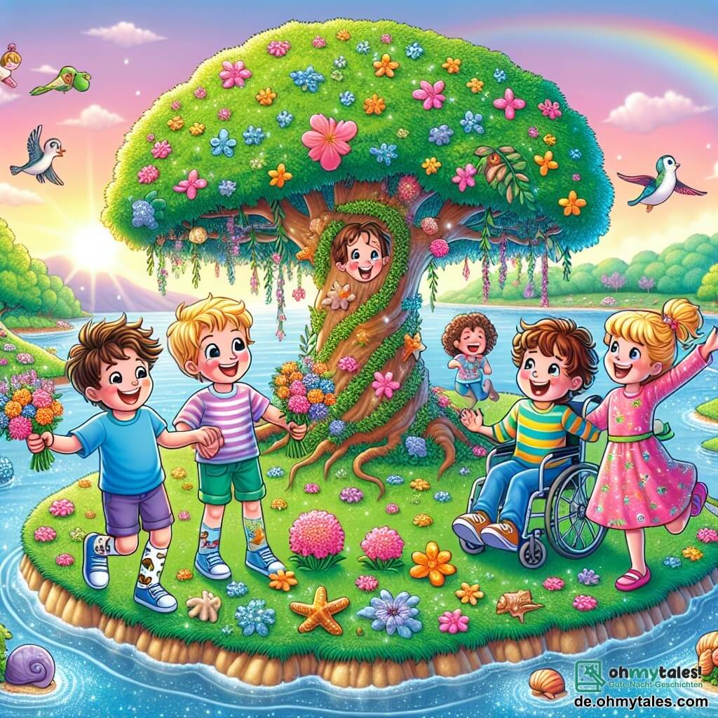 Eine Illustration zeigt eine magische Insel namens "Kuschelfelseninsel", umgeben von einem glitzernden Fluss unter einem pastellfarbenen Himmel bei Sonnenuntergang. Die Insel ist mit grünem Moos bedeckt und mit bunten Blumen gesprenkelt, während ein großer Baum mit regenbogenfarbenen Blättern majestätisch in der Mitte steht. Vier Kinder sind anwesend: ein achtjähriger Junge mit zerzausten braunen Haaren, der ein blaues T-Shirt und Socken mit kleinen Tiermotiven trägt und begeistert lächelt. Neben ihm steht ein gleichaltriger Junge mit blonden Haaren und einer Brille, der ein gestreiftes T-Shirt trägt und eine Freude-Geste macht. Ein weiterer achtjähriger Junge sitzt im Rollstuhl, hat kastanienbraune Haare und ein strahlendes Lächeln und hält einen Blumenstrauß. Schließlich tanzt ein siebenjähriges Mädchen mit lockigen Haaren und einem bunten Kleid fröhlich auf dem Moos. Die Szene zeigt die Kinder, die eine Überraschung zum Muttertag vorbereiten, mit Blumendekorationen und Muscheln, die am Baum hängen, während die Mutter, die mit Freudentränen in den Augen zusieht, abseits steht und von der Schönheit der Insel und der Liebe ihrer Kinder begeistert ist. Glitzernde kleine Feen fliegen um sie herum und verleihen der Szene einen Hauch von Magie.