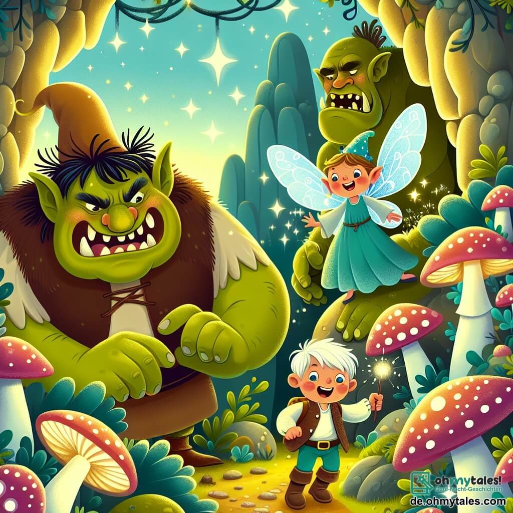 Une illustration destinée aux enfants représentant un ogre grimaçant, une fée joyeuse, et un petit garçon courageux explorant des grottes enchantées ornées de champignons lumineux dans la fabuleuse contrée des Wunderlinges.