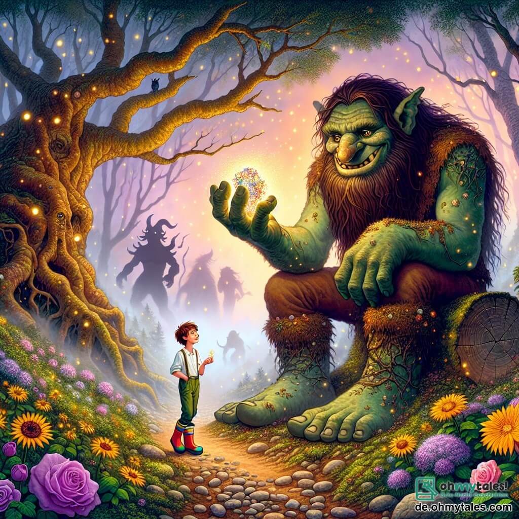 Illustration einer magischen Szene in einem weiten und geheimnisvollen Nebel, in dem leuchtend bunte Blumen wie violette Rosen und goldene Sonnenblumen um einen majestätischen alten Baum wachsen, dessen Äste zum Himmel ragen. Im Zentrum dieser Szene sitzt ein imposanter Troll mit einem muskulösen, von rauer grüner Haut bedeckten Körper und einem langen, buschigen Bart auf einem umgestürzten Baumstamm, zeigt ein schelmisches Lächeln und funkelnde Augen. Neben ihm beobachtet ein neunjähriger Junge mit kastanienbraunen Haaren und strahlenden Augen, der bunte Gummistiefel trägt, den Troll mit Staunen und hält einen kleinen funkelnden Kristall in der Hand. Die Hauptsituation zeigt den Troll, der dem Jungen die Bedeutung des magischen Kristalls erklärt, während Glühwürmchen um sie herumtanzen und die Szene in sanftes goldenes Licht tauchen. Im Hintergrund zeichnen sich Schatten fantastischer Kreaturen im Nebel ab, die dieser verzauberten Begegnung einen Hauch von Geheimnis verleihen.