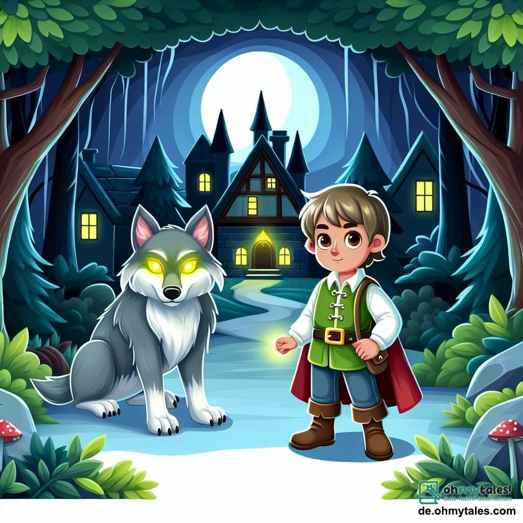 Une illustration destinée aux enfants représentant un garçon intrépide se tenant devant un village mystérieux, accompagné d'un loup gris aux yeux brillants, dans le sombre et enchanté Silberwald.