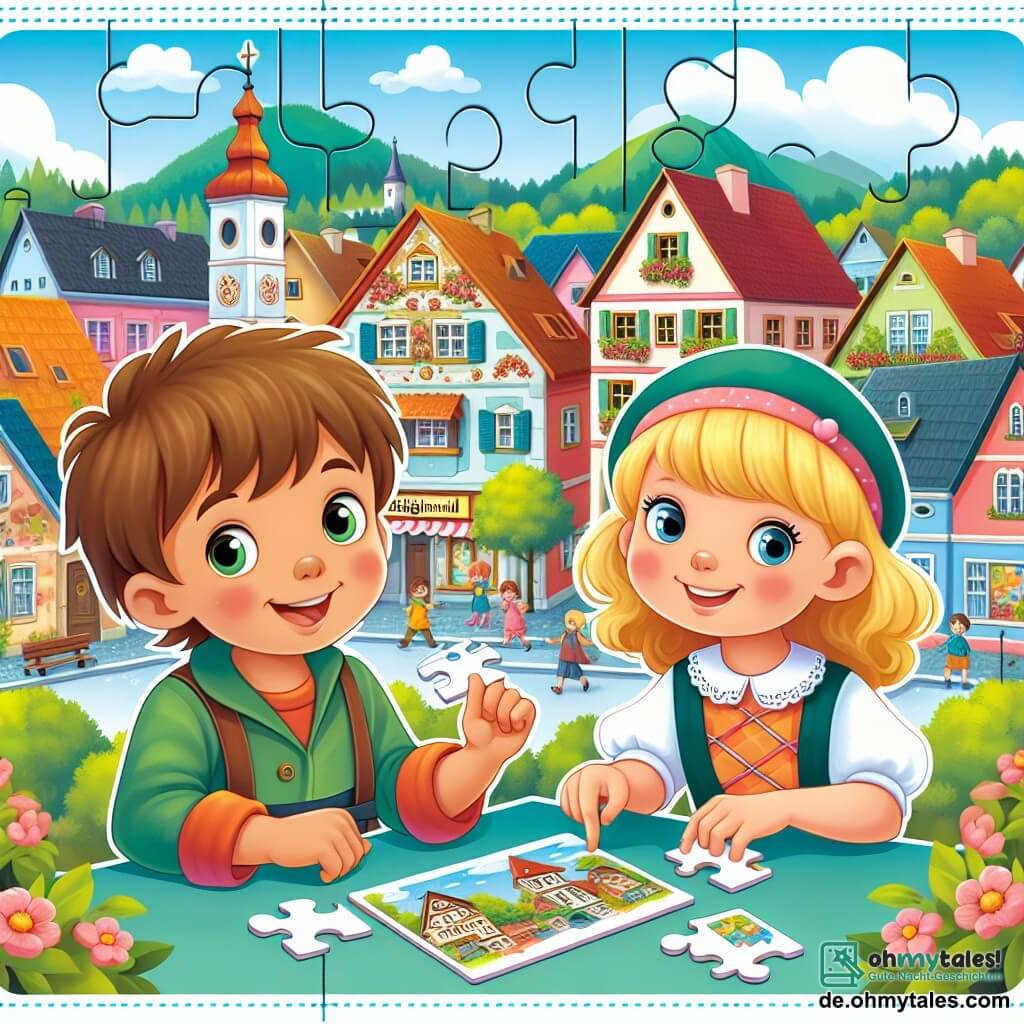 Une illustration destinée aux enfants représentant un petit garçon curieux et astucieux, accompagné de sa meilleure amie, une fille pleine d'énergie, résolvant des énigmes passionnantes dans la charmante petite ville d'Eichenwald, pleine de maisons colorées et de jardins fleuris.