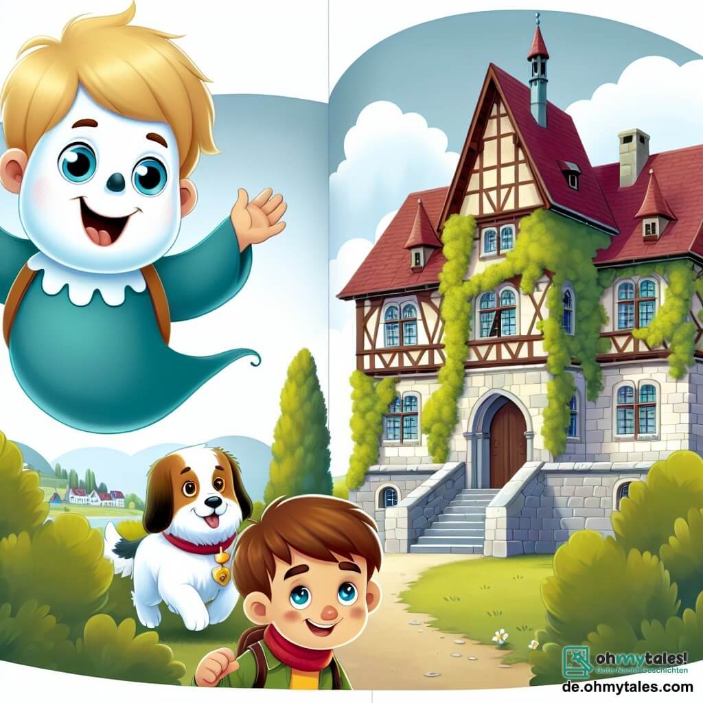 Une illustration destinée aux enfants représentant un petit fantôme rigolo flottant avec une expression joyeuse, accompagné d'un garçon curieux et de son chien fidèle, explorant un vieux château recouvert de lierre au bord d'un village pittoresque nommé Himmelhausen.