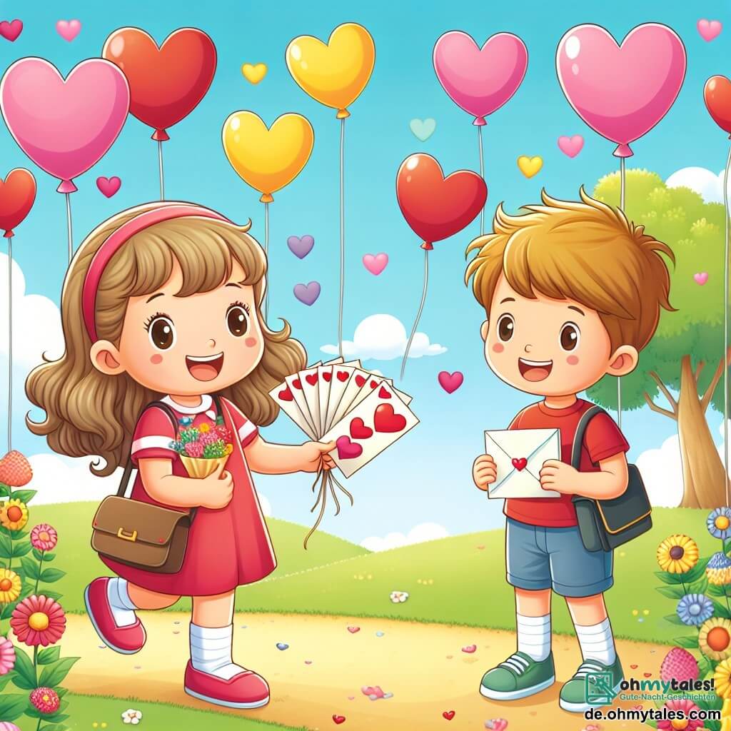 Une illustration destinée aux enfants représentant une petite fille joyeuse distribuant des cartes de Saint-Valentin à ses amis et sa famille, accompagnée de son meilleur ami garçon, dans un parc ensoleillé rempli de ballons colorés et de cœurs.