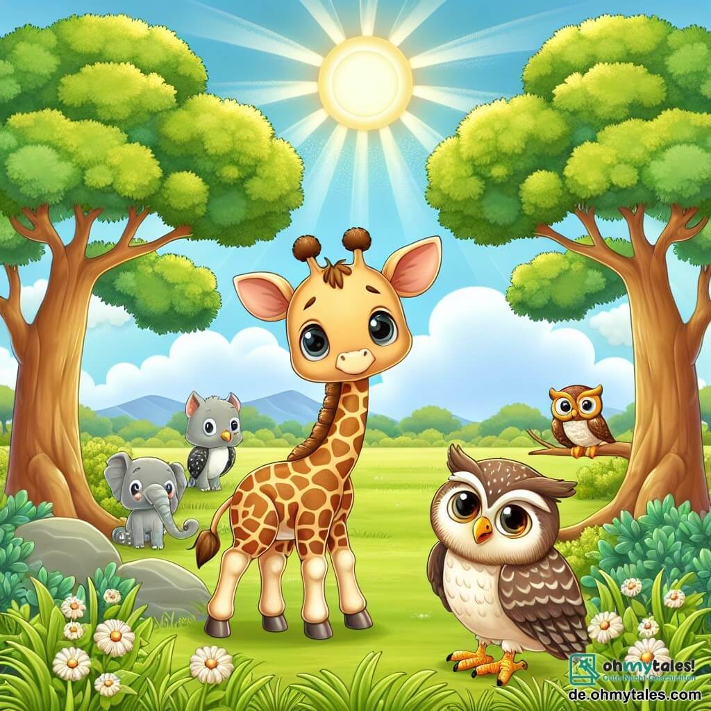 Une illustration destinée aux enfants représentant une jeune girafe timide se tenant à l'écart des autres animaux plus grands et plus forts, accompagnée d'une sage et bienveillante chouette perchée sur une branche, dans une savane luxuriante aux arbres majestueux et à l'herbe verte scintillante sous le soleil éclatant.