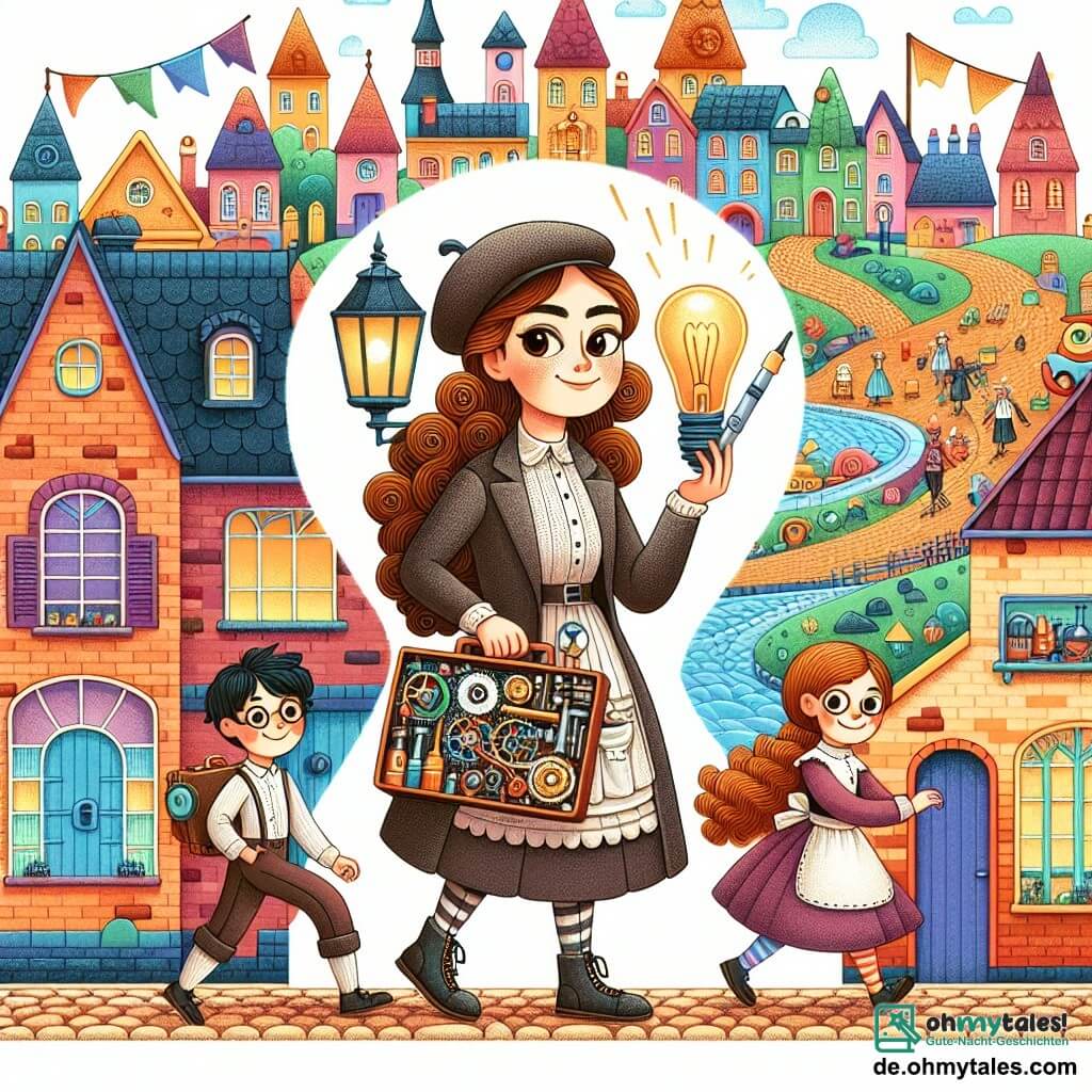Une illustration destinée aux enfants représentant une jeune femme inventrice pleine d'idées lumineuses, accompagnée de ses amis, une fille et un garçon, dans un charmant village aux maisons colorées et aux rues pavées, où se déroulent des aventures inventives et pleines de rebondissements.