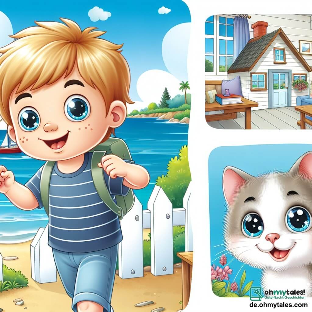 Une illustration destinée aux enfants représentant un petit garçon plein d'enthousiasme passant ses vacances d'été dans un charmant chalet en bord de mer, où il fait la rencontre d'une adorable petite chatte aux yeux pétillants.