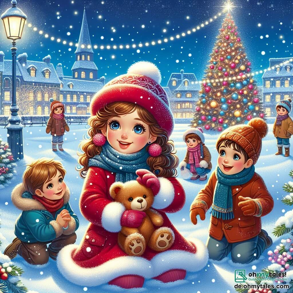 Die Illustration zeigt eine magische Szene in einem verschneiten Park während der Weihnachtszeit. Der Boden ist mit einer dicken Schicht glitzernden Schnees bedeckt, und sanfte Schneeflocken fallen vom hellblauen Himmel. In der Ferne steht ein großer Weihnachtsbaum, geschmückt mit bunten Lichtern und glänzenden Kugeln, die die Umgebung in warmes Licht tauchen. Im Mittelpunkt des Bildes sitzt ein 11-jähriges Mädchen mit lockigem braunem Haar und rosigen Wangen in einem leuchtend roten Mantel und einer Wollmütze. Sie hockt und hält einen Teddybär in ihren Armen, mit einem großen Lächeln im Gesicht, das Freude und Aufregung ausdrückt. Ihre Augen leuchten vor Glück, während sie ihren Freund ansieht. Neben ihr steht ein 10-jähriger Junge mit braunem Haar und einer Brille, der einen blauen Schal um den Hals trägt. Er sieht neugierig und begeistert aus und schaut das Mädchen bewundernd an. Ein weiteres Kind, ein 6-jähriges Mädchen mit geflochtenem blonden Haar, steht neben ihnen und drückt einen weiteren Teddybär an sich, mit leuchtenden Augen voller Staunen. Die Hauptsituation zeigt die Kinder, die zusammenkommen, um die Magie von Weihnachten zu feiern, mit strahlenden Lächeln und einer Atmosphäre der Kameradschaft. Schneeflocken wirbeln um sie herum, und funkelnde Lichter schmücken den Baum und verleihen der Szene einen märchenhaften Touch.