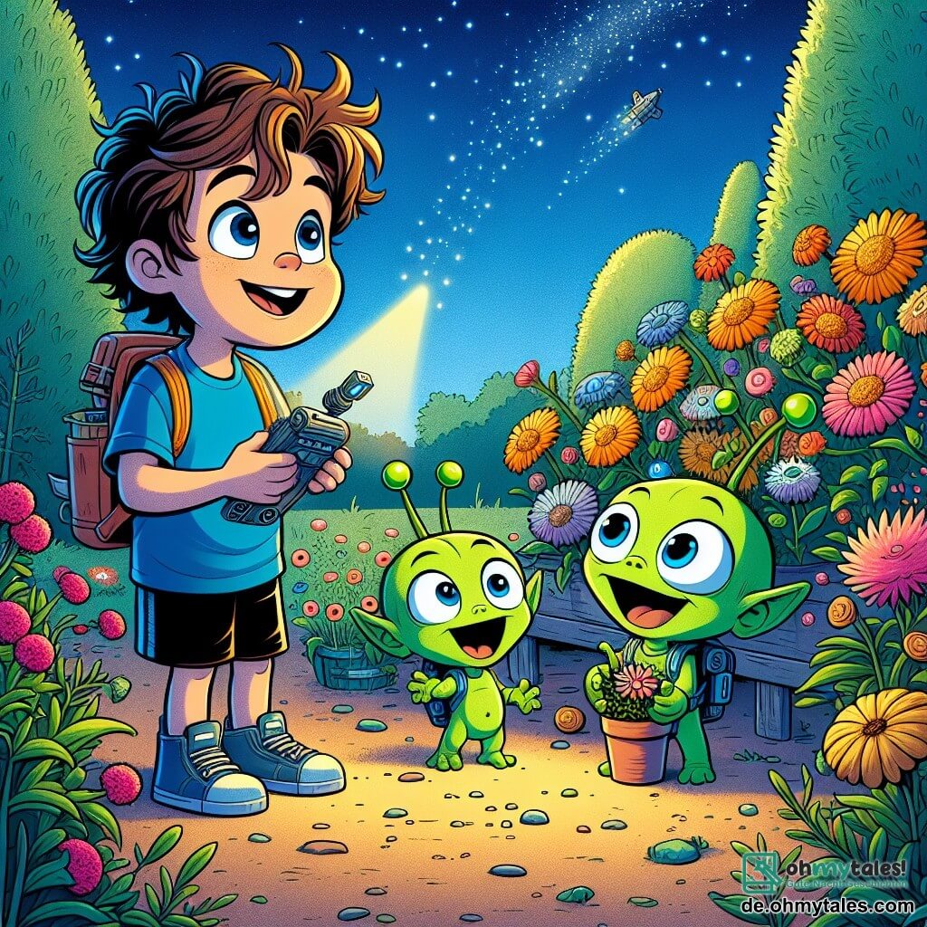 Une illustration sous forme de dessin destinée aux enfants représentant un jardin lumineux et coloré, où un garçon de 11 ans aux cheveux bruns en bataille, portant un t-shirt bleu et un short, se tient émerveillé devant deux petits extraterrestres aux peaux vertes scintillantes et aux grands yeux ronds, qui explorent joyeusement les fleurs tout en tenant un appareil futuriste, illustrant le moment où ils découvrent ensemble les merveilles de la Terre et partagent des rires sous un ciel étoilé.