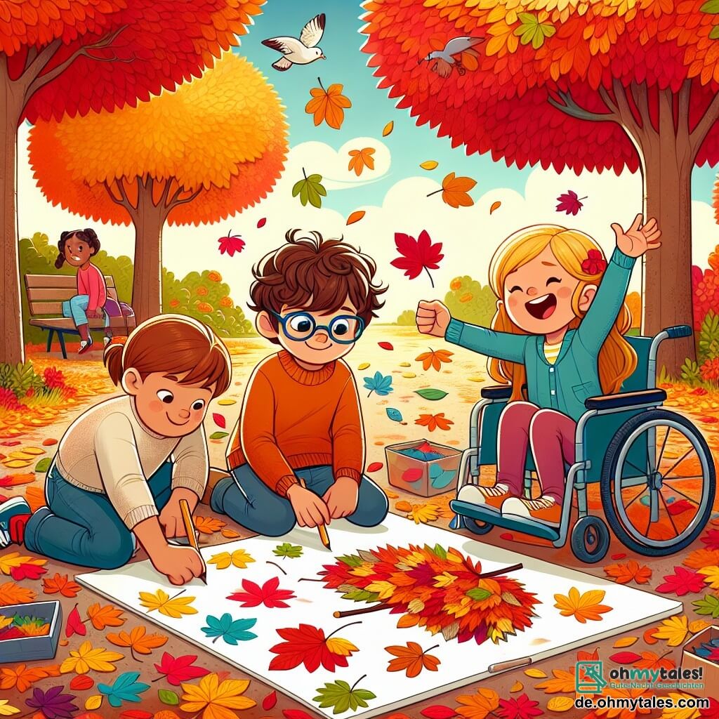 Eine Illustration zeigt einen Park im Herbst, mit Bäumen, deren Blätter in leuchtenden Rot-, Orange- und Gelbtönen erstrahlen. Der Boden ist mit einem Teppich aus toten Blättern bedeckt, was eine warme und farbenfrohe Atmosphäre schafft. Im Mittelpunkt des Bildes sind drei Kinder, die einen Collage erstellen. Ein etwa 8-jähriger Junge mit braunen Haaren und Brille beugt sich über ein großes weißes Blatt und klebt farbige Blätter mit einem begeisterten Lächeln. Neben ihm zeichnet ein 7-jähriger Junge mit blonden, lockigen Haaren einen Baum mit gelben Blättern, seine Augen strahlen vor Aufregung. Schließlich sitzt ein etwa 6-jähriges Mädchen mit kastanienbraunen Haaren und einem kleinen Zopf in ihrem Rollstuhl, hält Blätter in den Händen und ermutigt ihre Freunde mit einem großen Lächeln. Die Szene strahlt eine fröhliche und kreative Atmosphäre aus, mit Lachen und sanft fallenden Blättern um sie herum. Im Hintergrund ist der Himmel klarblau, und einige weiße Wolken schweben friedlich. Vögel fliegen darüber und verleihen diesem herbstlichen Moment Leben.