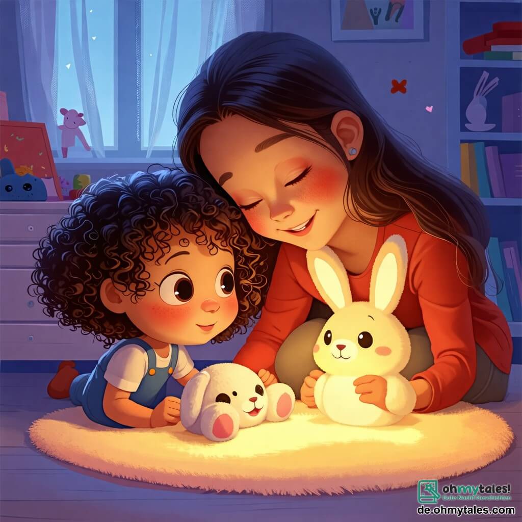 Une illustration sous forme de dessin destinée aux enfants représentant une chambre douillette et légèrement éclairée par une lampe, où une petite fille de 2 ans aux grands yeux curieux et aux cheveux bouclés joue avec un doudou en forme de lapin, tandis que sa maman, une femme souriante aux cheveux longs et bruns, s'accroupit à côté d'elle, les deux observant les ombres amicales projetées sur les murs, illustrant ainsi la transformation de la peur du noir en un moment de joie et de sécurité.
