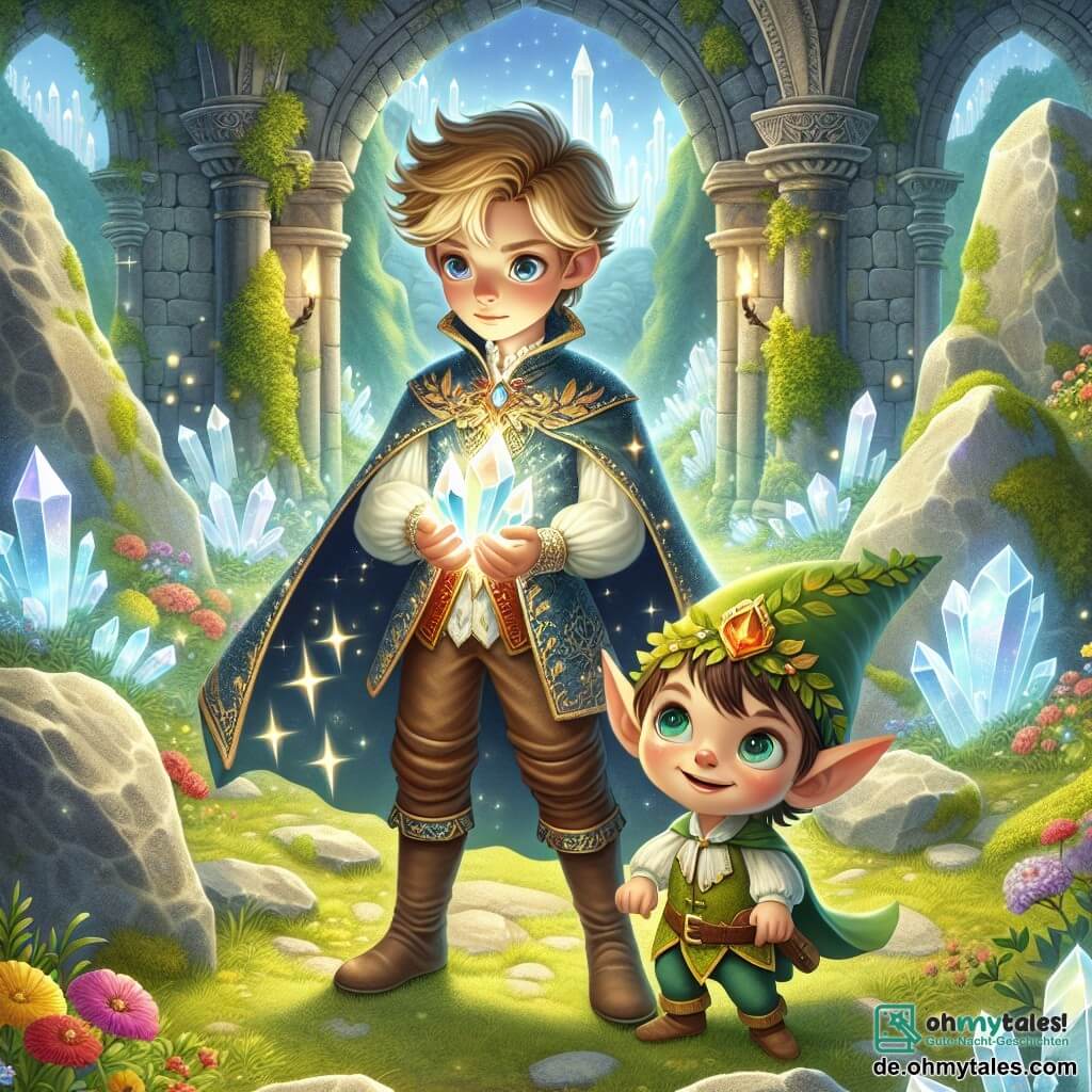 Illustration einer magischen Szene in den alten Ruinen eines verzauberten Königreichs. Die Ruinen sind von großen Steinen umgeben, die mit grünem Moos und bunten Blumen bewachsen sind, mit funkelnden Kristallen, die sanftes Licht ausstrahlen. In der Mitte steht ein mutiger Prinz, ein etwa 12-jähriger Junge mit goldenen Haaren und strahlenden Augen, der einen leuchtenden Kristall in seinen Händen hält. Er trägt eine blaue Tunika mit goldenen Verzierungen und eine Lederhose, sein Gesichtsausdruck ist entschlossen und voller Hoffnung. An seiner Seite steht ein kleiner Kobold mit funkelnden Augen, etwa 8 Jahre alt, mit grüner Haut und spitzen Ohren, der begeistert lächelt. Er trägt einen blattförmigen Hut und eine bunte Tunika und scheint bereit zu sein, ihm bei seiner Quest zu helfen. Die Hauptsituation zeigt den Prinzen, der bereit ist, sich den Prüfungen zu stellen, um das verschwundene Licht in sein Königreich zurückzubringen. Lichtstrahlen schweben um sie herum, und eine magische Aura umhüllt die Szene, was eine Atmosphäre von Geheimnis und Abenteuer schafft. Bunte Vögel fliegen über die Ruinen und verleihen diesem bezaubernden Bild Leben.