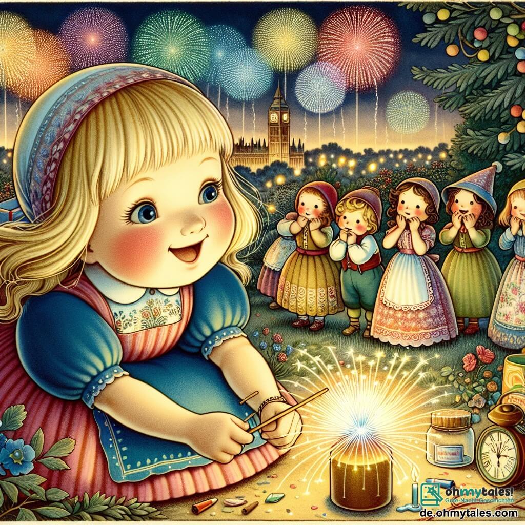 Une illustration destinée aux enfants représentant une fillette pleine d'enthousiasme planifiant la meilleure fête du nouvel an, accompagnée de ses amis curieux, dans un parc enchanté illuminé par des feux d'artifice colorés.