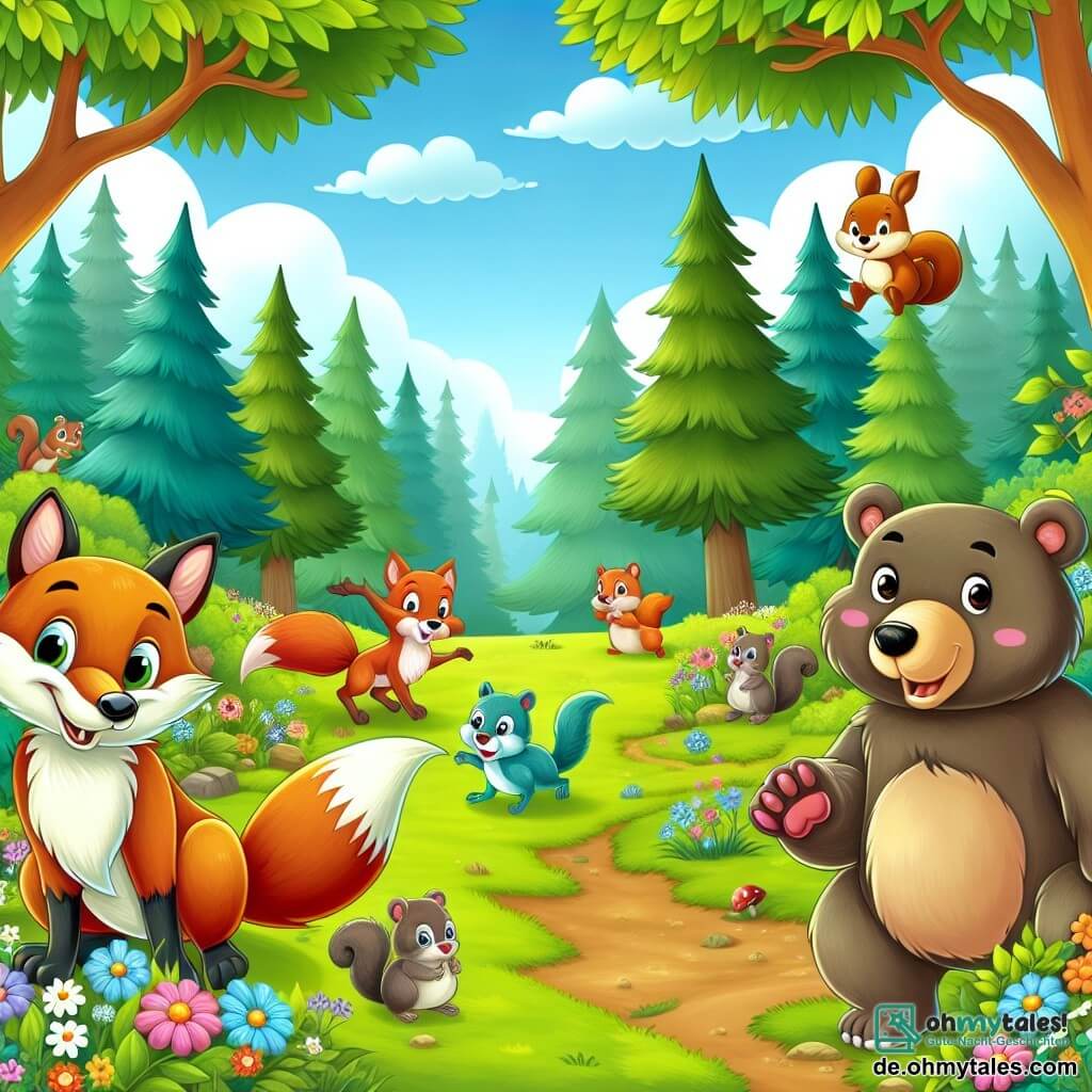 Une illustration destinée aux enfants représentant un malicieux renard, un joyeux ours et des facétieux écureuils se déroulant dans une clairière ensoleillée au cœur de la forêt enchantée, pleine de fleurs colorées et d'arbres majestueux.