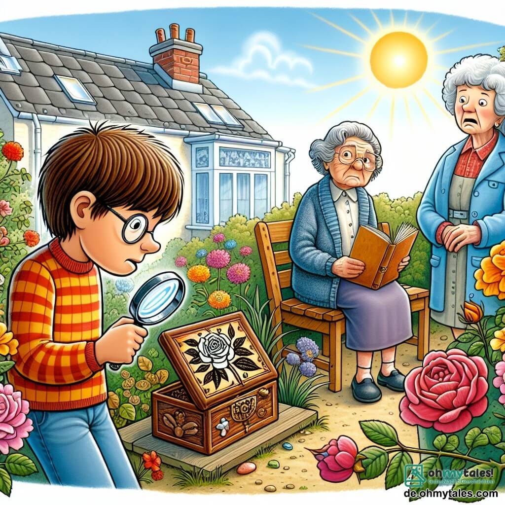 Une illustration sous forme de dessin destinée aux enfants représentant un jardin ensoleillé avec des fleurs colorées et une petite maison en arrière-plan, où un garçon de dix ans aux cheveux bruns et aux lunettes, tenant une loupe et un carnet, observe attentivement une boîte en bois ornée d'une gravure d'une rose, tandis qu'une vieille dame aux cheveux gris, assise sur un banc, regarde avec espoir, et un voisin au visage inquiet, portant une veste bleue, se tient à proximité, tous impliqués dans la résolution d'un mystère de vol de bijoux.