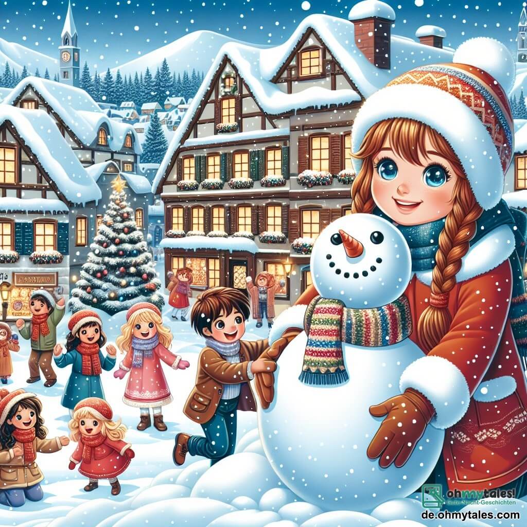 Une illustration sous forme de dessin destinée aux enfants représentant un charmant village enneigé avec des maisons aux toits recouverts de neige scintillante, où un garçon de 11 ans aux cheveux châtains et aux yeux pétillants, vêtu d'un manteau rouge et d'une écharpe colorée, construit un grand bonhomme de neige avec un sourire joyeux, tandis qu'un groupe d'enfants, dont une fille aux cheveux blonds tressés et un garçon aux lunettes rondes, l'entoure en chantant des chants de Noël, créant une atmosphère festive et chaleureuse, pleine de joie et d'amitié.