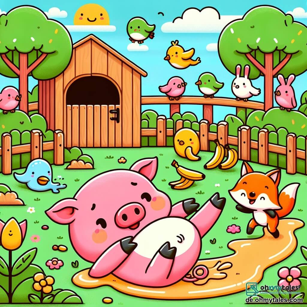 Illustration eines bunten kleinen Zoos mit Holzgehegen, grünen Bäumen und leuchtenden Blumen. In der Mitte ein rosa Schwein mit runden Wangen und funkelnden Augen, das sich nach einem lustigen Sturz wieder aufrichtet, mit einer rutschigen Banane zu seinen Füßen. Neben ihm ein schlauer Fuchs mit leuchtend orangefarbenem Fell und buschigem Schwanz, der sich den Bauch hält und lacht. Im Hintergrund schauen neugierige Tiere wie Vögel und Kaninchen mit fröhlichen Gesichtsausdrücken zu. Der Himmel ist blau mit ein paar weißen Wolken, und die Stimmung ist voller Lachen und Kameradschaft.