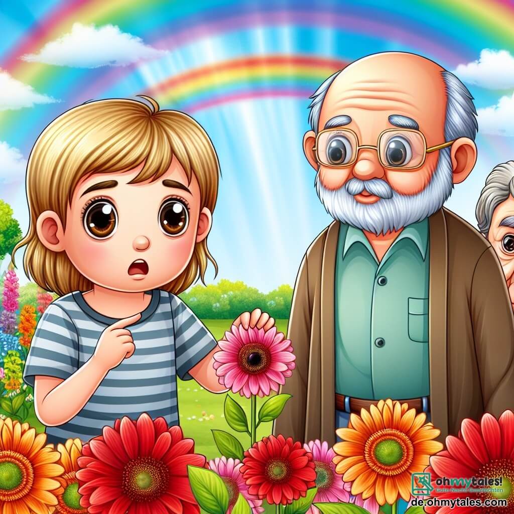 Une illustration destinée aux enfants représentant un garçon aux grands yeux curieux, confronté à la perte de son grand-père, avec l'apparition d'une nouvelle amie, une fille timide aux cheveux blonds, dans un jardin fleuri aux couleurs vives et un ciel parsemé d'un magnifique arc-en-ciel.