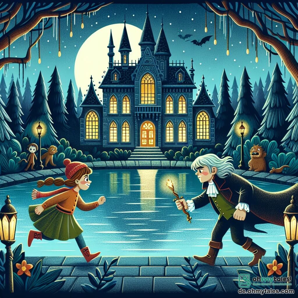 Une illustration destinée aux enfants représentant une jeune fille courageuse rencontrant un mystérieux vampire dans une ancienne villa sombre et envoûtante, entourée de denses forêts et de lacs scintillants.