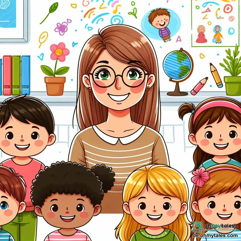 Une illustration destinée aux enfants représentant une jeune institutrice souriante, entourée d'enfants joyeux, dans une salle de classe lumineuse remplie de livres, de plantes et de dessins colorés.