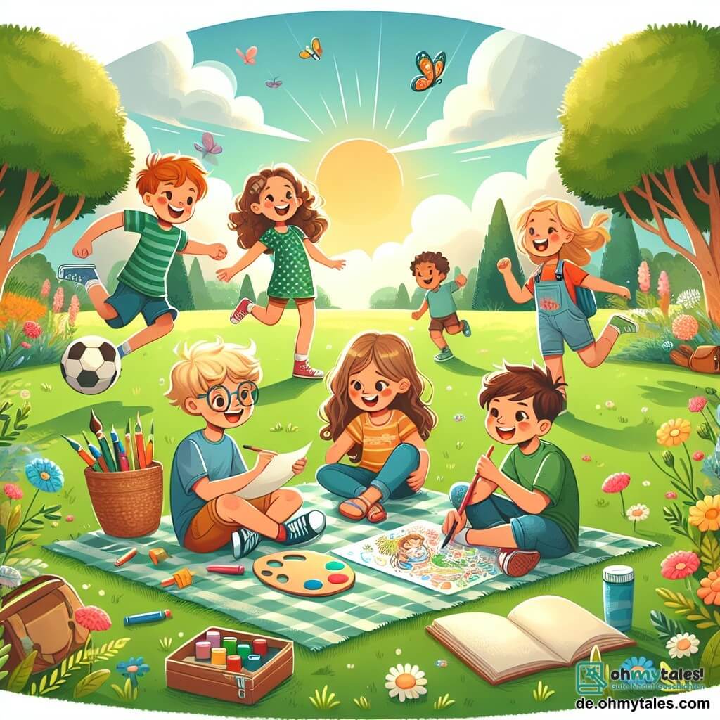 Eine Illustration zeigt einen grünen Park, der im goldenen Licht der Sonne erstrahlt, mit großen Bäumen und einem blauen Himmel, der von einigen weißen Wolken durchzogen ist. In der Mitte steht eine Gruppe von vier Kindern um eine große Picknickdecke. Zwei Jungen, etwa 12 Jahre alt, einer mit braunen Haaren und Brille, lächelnd mit einem Fußball, der andere mit zerzausten blonden Haaren, lachend mit einer bunten Malpalette. Neben ihnen ein Mädchen, etwa 11 Jahre alt, mit langen, lockigen Haaren, das sich auf eine Zeichnung konzentriert, und ein weiteres Mädchen mit kurzen Haaren und einem gemusterten T-Shirt, das aufmerksam die Landschaft betrachtet, ein Skizzenbuch in der Hand. Die Hauptsituation zeigt die Kinder, die einen tag ohne Bildschirme genießen, Fußball spielen, malen und die Natur erkunden, umgeben von bunten Blumen und schwirrenden Schmetterlingen. Im Hintergrund spielen und lachen andere Kinder, was eine fröhliche und lebendige Atmosphäre schafft, die Freundschaft und Kreativität fernab von Bildschirmen symbolisiert.