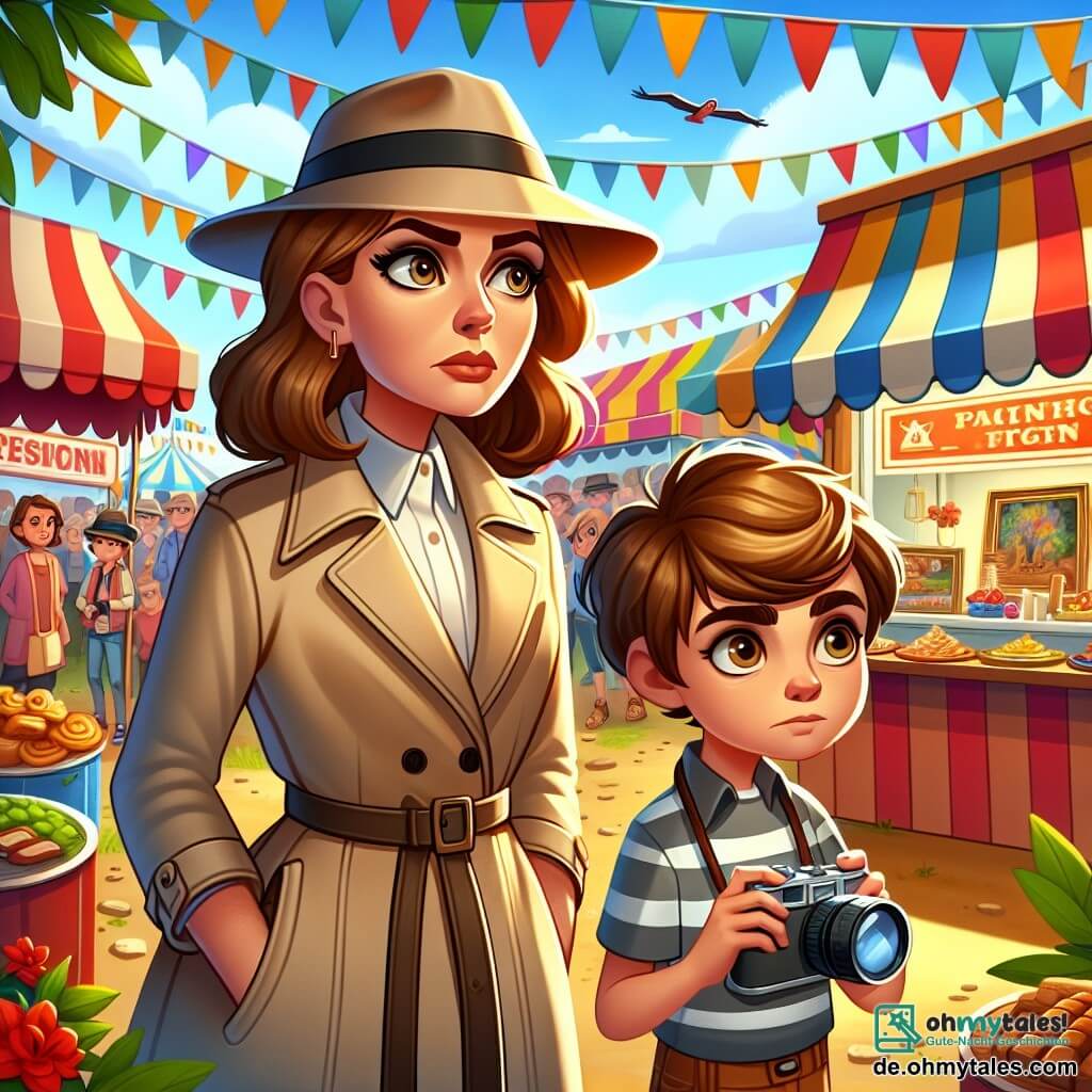 Une illustration sous forme de dessin destinée aux enfants représentant un festival coloré dans une petite ville, avec des stands de nourriture et des décorations festives, où une femme détective aux cheveux châtains, portant un trench-coat beige et un chapeau, observe attentivement une scène suspecte, tandis qu'un garçon de douze ans avec une caméra autour du cou, aux cheveux bruns en bataille, se tient à ses côtés, intrigué par le vol d'un précieux tableau qui vient de disparaître, créant une atmosphère de mystère et d'aventure.