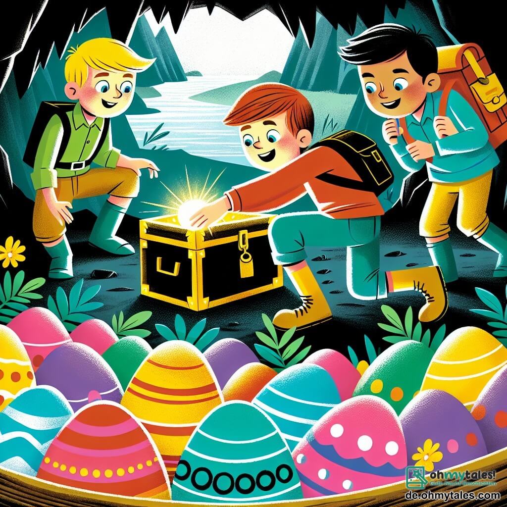 Une illustration destinée aux enfants représentant un garçon aventureux découvrant un trésor caché avec ses amis, un garçon et une fille, dans une mystérieuse grotte ornée de brillants œufs de Pâques multicolores.