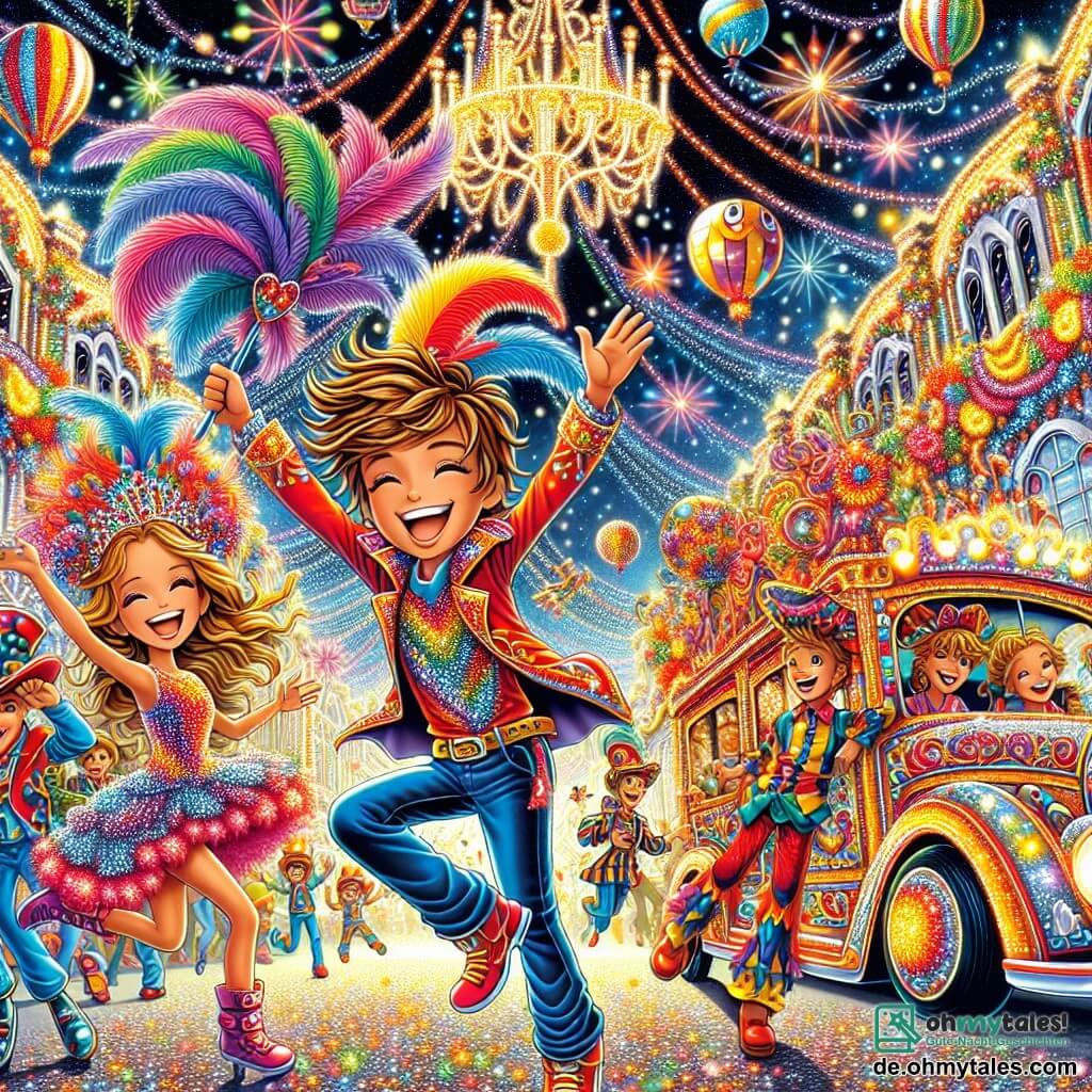 Illustration einer lebhaften Szene eines bunten Karnevals in einer großen Stadt. Die Straßen sind mit strahlenden Dekorationen gefüllt, mit bunten Ballons, die in der Luft schweben, und beleuchteten Blumengirlanden. In der Mitte fährt ein großer, mit Blumen und Lichtern dekorierter Wagen, umgeben von fröhlichen Tänzern in auffälligen Kostümen. Im Vordergrund ein 11-jähriger Junge mit zerzausten braunen Haaren und einem strahlenden Lächeln, der ein rotes Superheldenkostüm mit Glitzer und einen bunten Hut mit Federn trägt. Er springt vor Freude mit erhobenen Armen, voller Begeisterung für das bevorstehende Abenteuer. An seiner Seite zwei Freunde: ein 10-jähriges Mädchen mit geflochtenen blonden Haaren, das als Prinzessin in einem glitzernden Kleid gekleidet ist und eine kleine Krone in den Händen hält, und ein 9-jähriger Junge, der als Pirat mit einem roten Bandana und einem Plastikschwert verkleidet ist und mit einem breiten Lächeln eine herausfordernde Geste macht. Die Hauptsituation zeigt die Gruppe von aufgeregten Kindern, die auf ein großes gestreiftes Zelt zusteuern, in der Hoffnung, eine Schatzkarte zu finden. Konfetti fliegt um sie herum, und die Atmosphäre ist voller Freude und Vorfreude. Im Hintergrund lachen und tanzen Erwachsene, was zur festlichen Stimmung des Karnevals beiträgt.