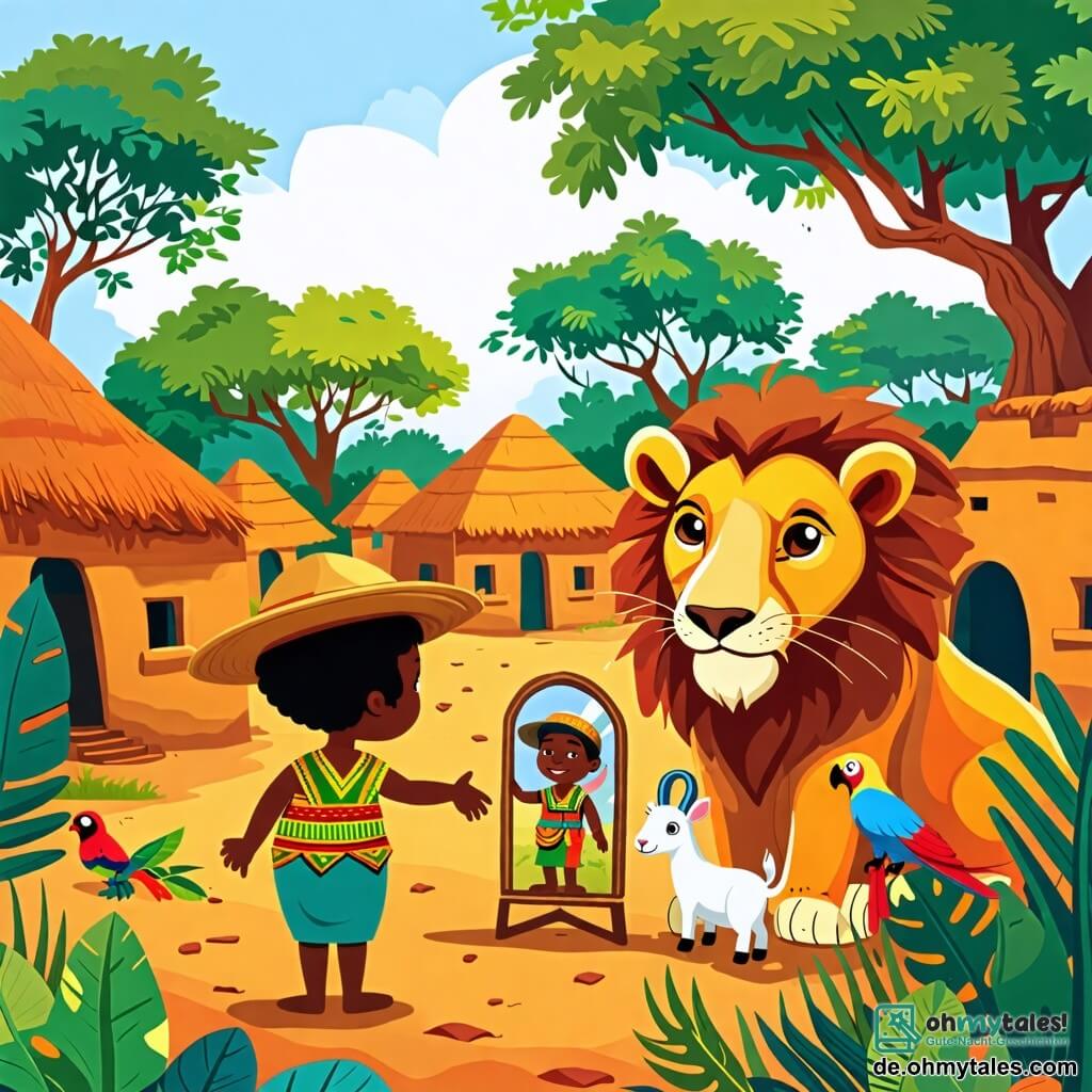 Une illustration sous forme de dessin destinée aux enfants représentant un village africain coloré, avec des maisons en terre cuite et des arbres verdoyants, où un homme au sourire malicieux, portant un pagne traditionnel et un chapeau en paille, se tient devant un grand lion aux yeux écarquillés, tandis que des animaux du village, comme une chèvre et un perroquet, observent la scène avec curiosité et inquiétude, capturant le moment où l'homme utilise un miroir pour tromper le lion, symbolisant la ruse et l'intelligence face à la force.