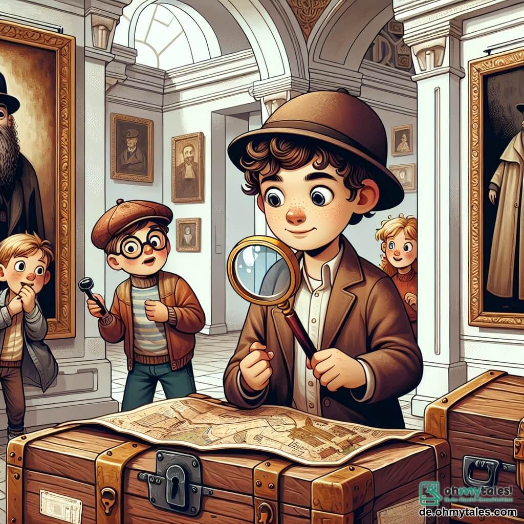 Une illustration sous forme de dessin destinée aux enfants représentant un vieux musée aux murs ornés de tableaux anciens, où un garçon de 11 ans aux cheveux bruns et bouclés, portant une casquette et une loupe à la main, examine avec curiosité un mystérieux tableau d'un homme en manteau, tandis qu'à ses côtés, une fille aux lunettes et une autre garçon au sourire espiègle, tous deux intrigués, scrutent une vieille carte, entourés de vieilles malles poussiéreuses, évoquant l'excitation d'une chasse au trésor pleine de mystères à résoudre.