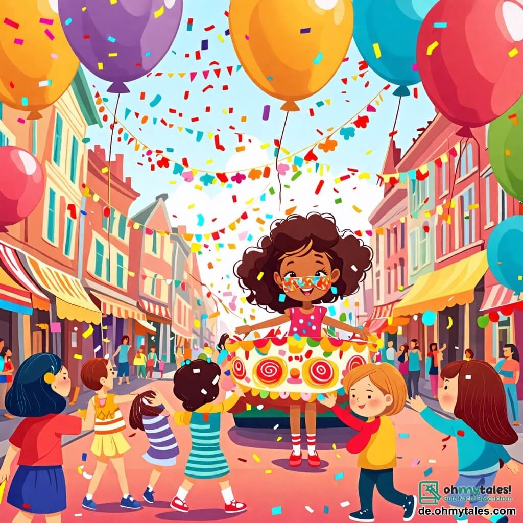 Illustration einer lebhaften Karnevalsszene in einer bunten Stadt. Die Straßen sind mit bunten Girlanden, schwebenden Ballons und tanzenden Konfetti geschmückt. In der Mitte fährt ein großer Wagen, dekoriert mit Papierblumen und funkelnden Lichtern, majestätisch voran. Eine Gruppe von Kindern steht vor dem Wagen: Ein 8-jähriges Mädchen mit langen lockigen Haaren, das ein glitzerndes Kleid mit Pailletten trägt und eine bunte Maske auf dem Gesicht hat, tanzt fröhlich. Neben ihr macht ein 7-jähriger Junge mit kurzen Haaren und einem strahlenden Lächeln, der ein gestreiftes Clownskostüm trägt, komische Gesten, um seine Freunde zu unterhalten. Ein weiterer 9-jähriger Junge mit Brille und Zylinder hält ein Tamburin und schlägt begeistert den Takt, während ein 6-jähriges Mädchen mit einer Blumenkrone auf dem Kopf bunte Bänder schwenkt. Die Hauptsituation zeigt die Kinder, die zusammen Spaß haben, umgeben von Lachen und Musik, und die Magie des Karnevals feiern. Im Hintergrund tanzen und klatschen lächelnde Erwachsene und tragen zur festlichen Atmosphäre bei. Wolken aus Zuckerstangen und funkelnde Sterne schweben am blauen Himmel und schaffen eine märchenhafte Stimmung.