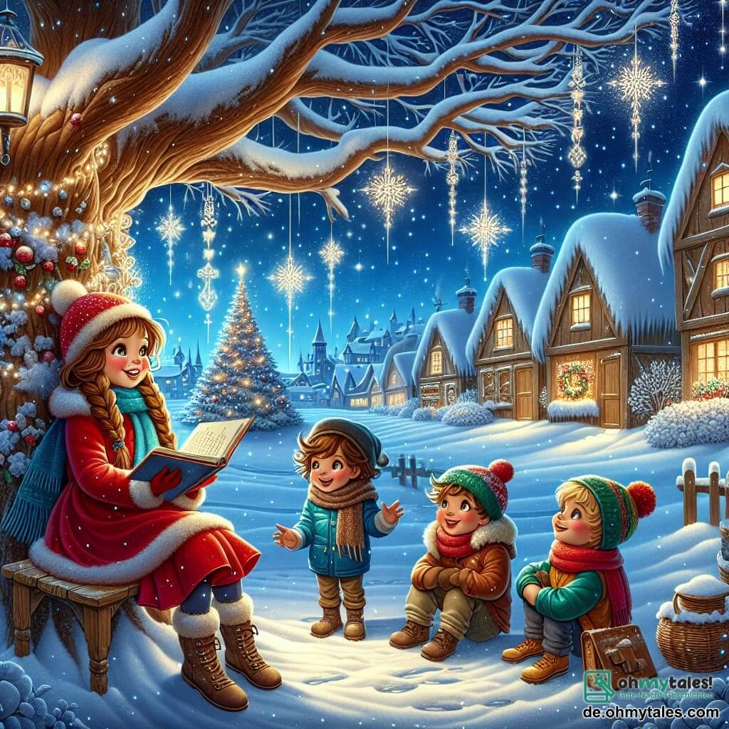 Eine Illustration zeigt eine magische Szene unter einem majestätischen Baum, der mit funkelndem Schnee bedeckt ist, im Herzen eines verschneiten Dorfes. Der Himmel ist tiefblau und mit strahlenden Sternen übersät, während Lichterketten die Holzhäuser mit schneebedeckten Dächern schmücken. Am Fuß des Baumes versammelt sich eine Gruppe von vier Kindern. Ein etwa 8-jähriges Mädchen mit langen, geflochtenen braunen Haaren und strahlendem Lächeln trägt einen leuchtend roten Mantel und einen Wollschal. Neben ihr schaut ein 9-jähriger Junge mit zerzausten blonden Haaren in einer blauen Daunenjacke fasziniert den fallenden Schneeflocken zu. Ein weiteres Mädchen, 7 Jahre alt, mit goldenen Locken und roten Wangen, sitzt auf einer kleinen Bank und hält ein aufgeschlagenes Buch, bereit, eine Geschichte zu erzählen. Schließlich bereitet sich ein 10-jähriger Junge mit einer grünen Mütze und einem schelmischen Lächeln darauf vor, einen Scherz zu machen, indem er eine Schneeball wirft. Die Hauptsituation zeigt die Kinder, die von einer magischen Geschichte gefesselt sind, die das kleine Mädchen erzählt, während die Schneeflocken in der Luft tanzen und eine märchenhafte Atmosphäre schaffen. Im Hintergrund fügen funkelnde Lichter der winterlichen Szene eine warme Note hinzu, und Fußabdrücke im Schnee führen zu weiteren Abenteuern.
